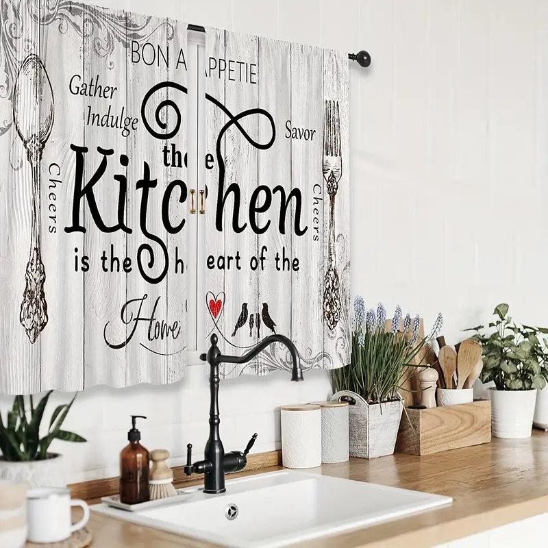 2pcs farmhouse kitchen curtains rod pocket rustic country short small fork and spoon knife savor vintage window treatment suitable for kitchen bedroom study cafe living room home decor 27 5 39 inches details 0