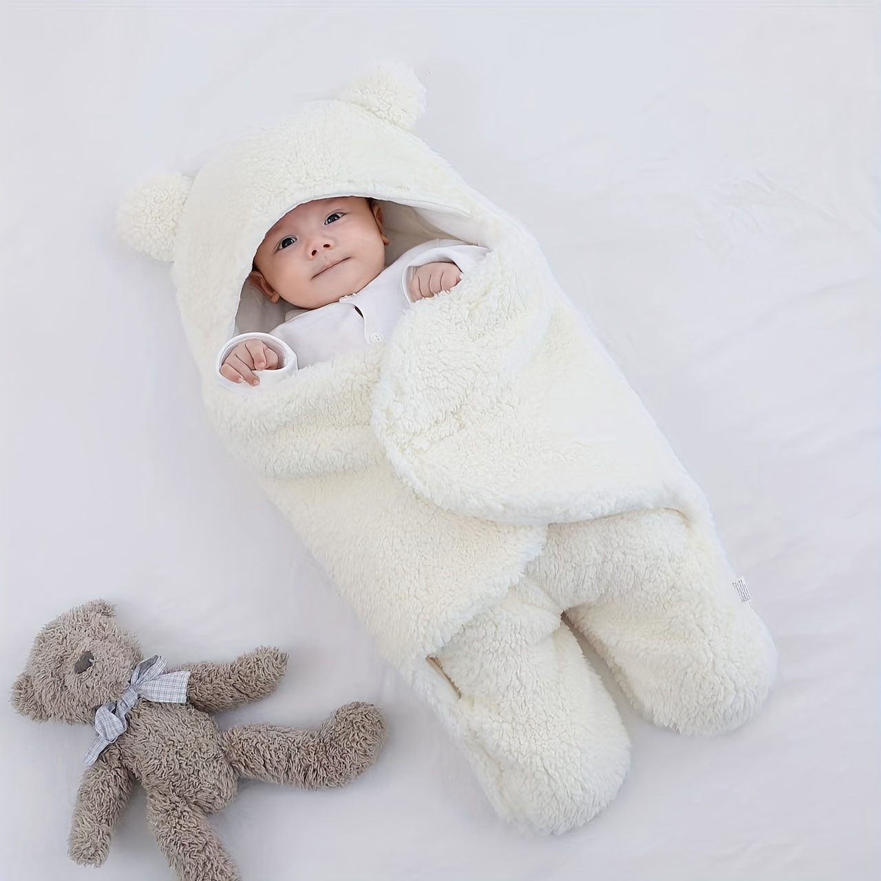  Manta con capucha para bebé, manta para la siesta para bebé de  0 a 18 meses, forro polar grueso y cálido, tejido de ganchillo, sacos de  dormir de invierno, Blanco : Bebés