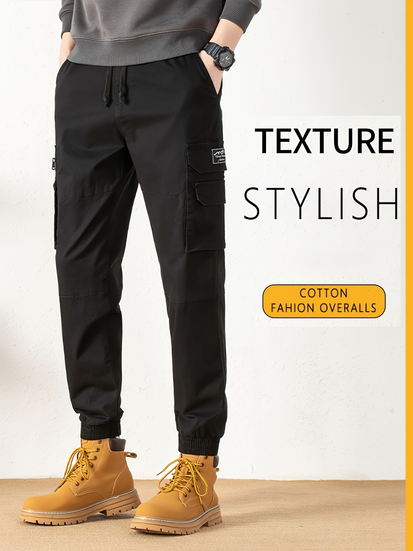 Trendy Solid Color Cargo Pants Men's Casual Joggers Cotton - Temu Kuwait
