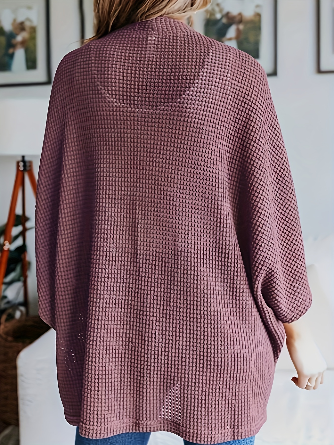 Casual Cardigan Women's Plus Solid Waffle Knit Open Front Cardigan
