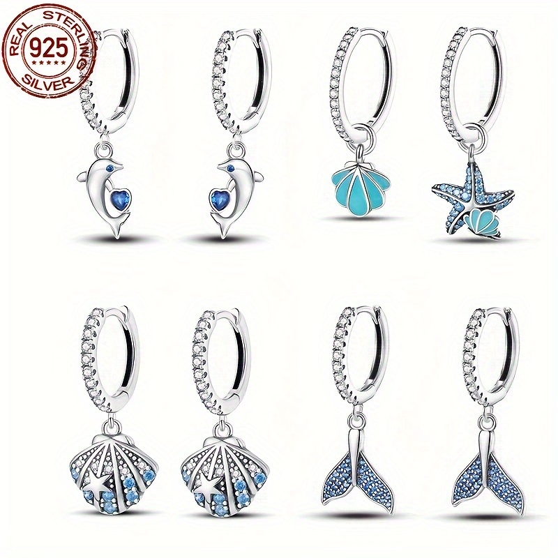 

925 Sterling Silver Dangle Earrings Sparkling Shell/ Mermaid Tail/ Dolphin/ Starfish Design Paved Shining Zirconia High Quality Jewelry