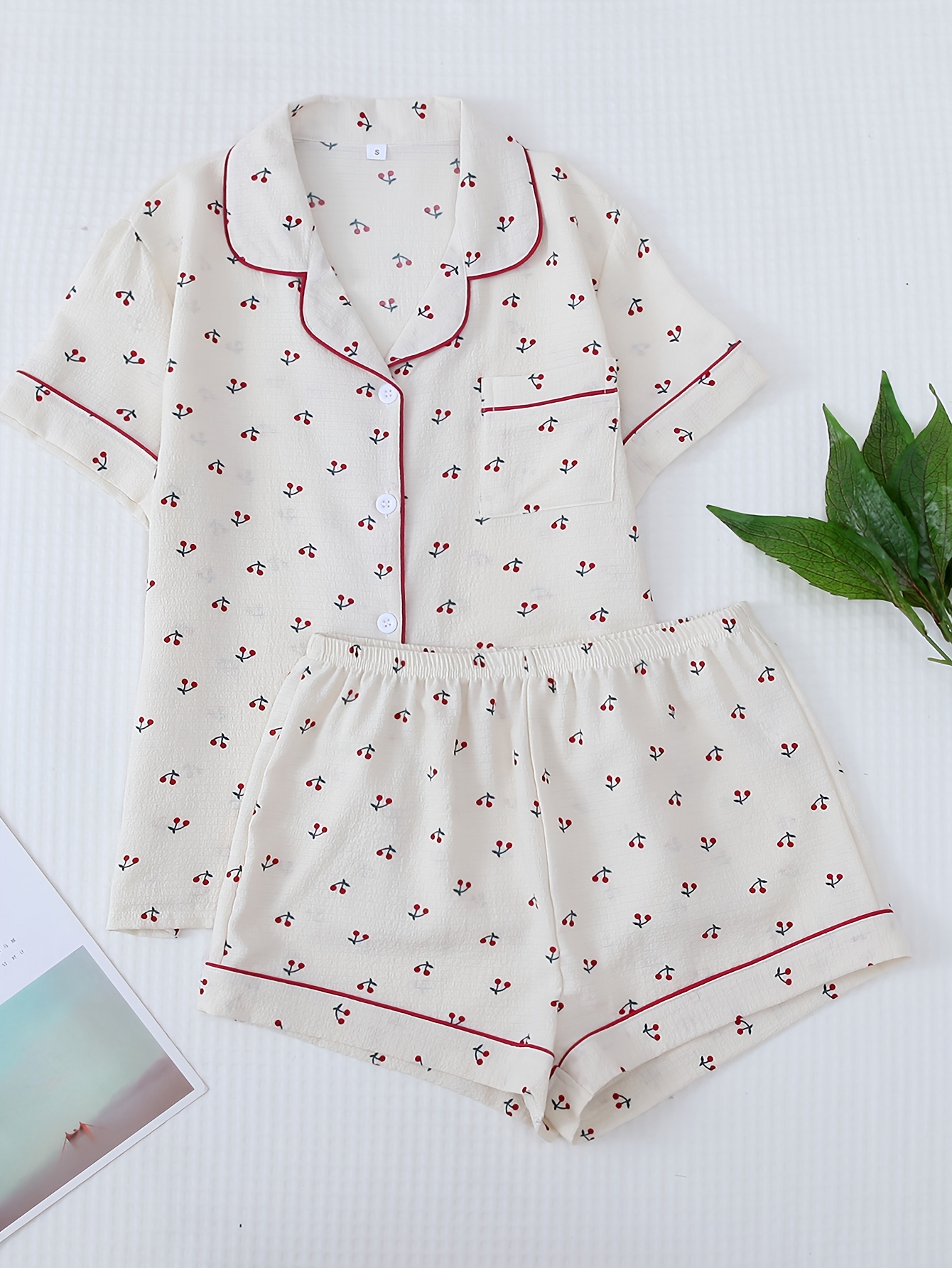 Girls Cherry Print Satin Lapel Neck Pajama Set - Temu