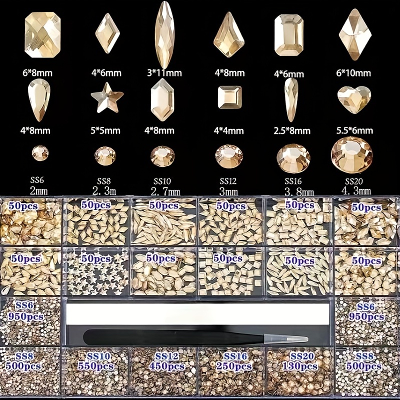 4000pcs/2 Box Glass Nail Rhinestones Kit Nail Gems Black/Gold Flat