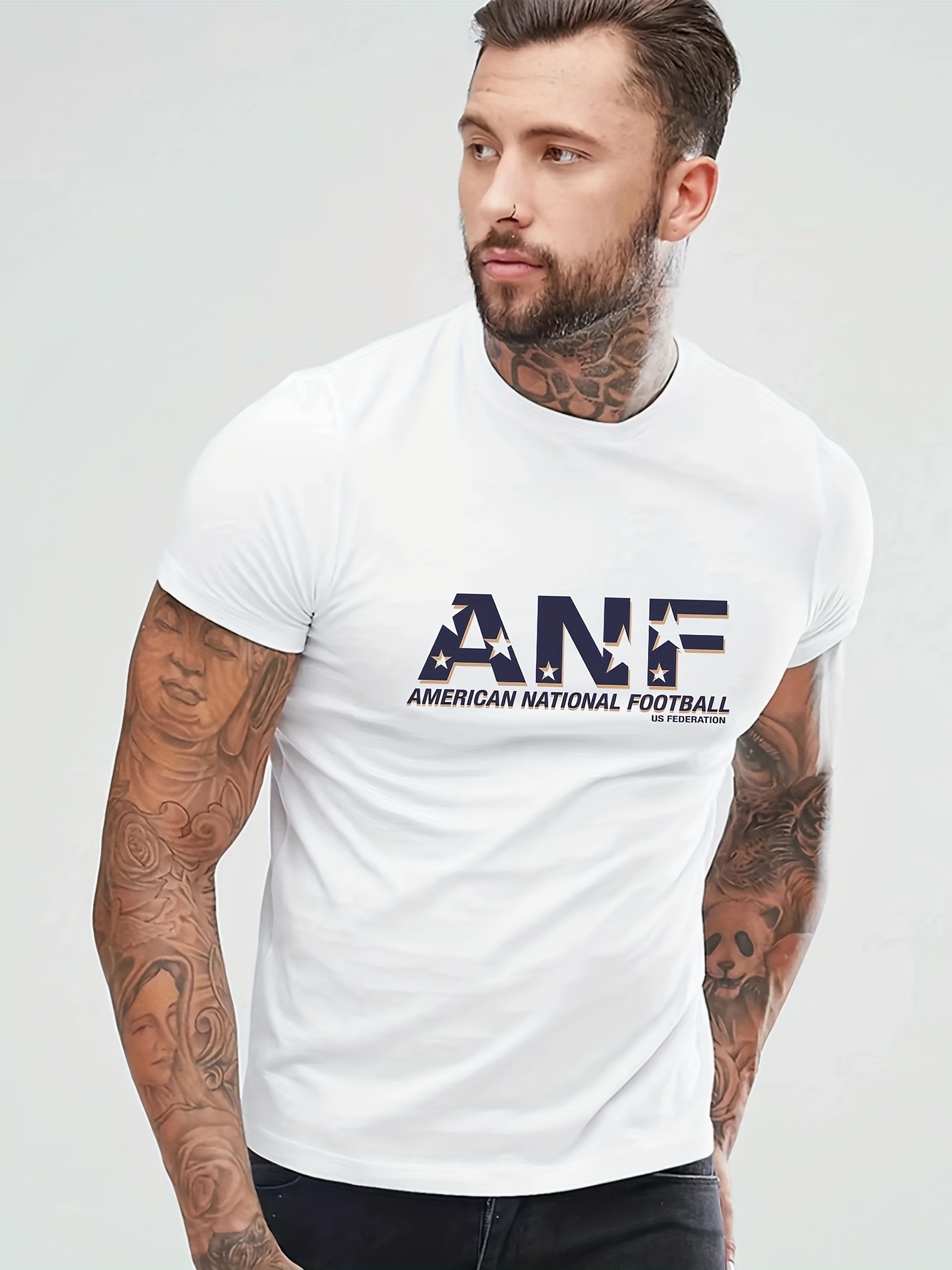 American Football Print T-shirt, Men's Casual Street Style Stretch Round  Neck Tee Shirt For Summer - Temu