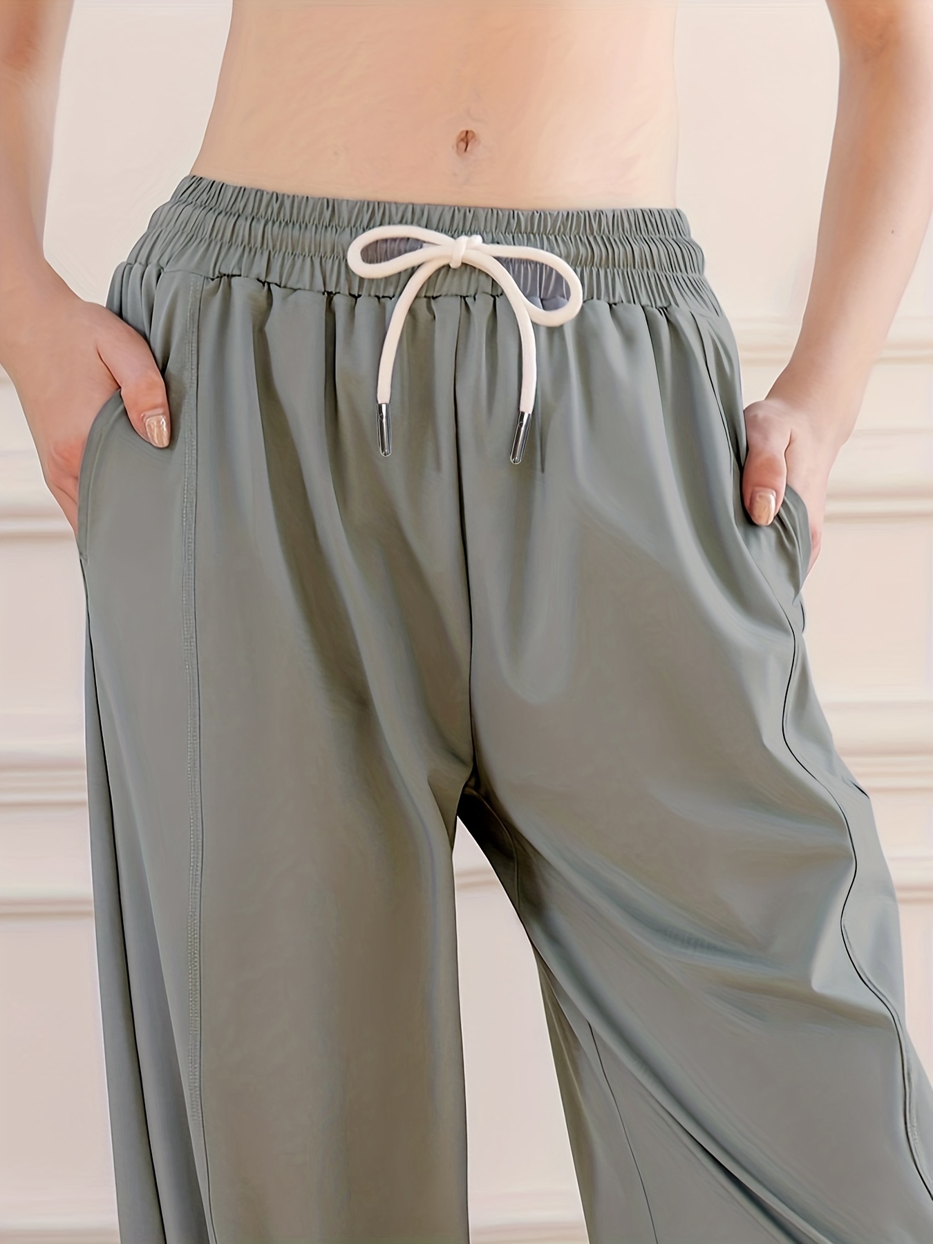 Solid Color Elastic Waist Pockets Jogging Pants Drawstring - Temu