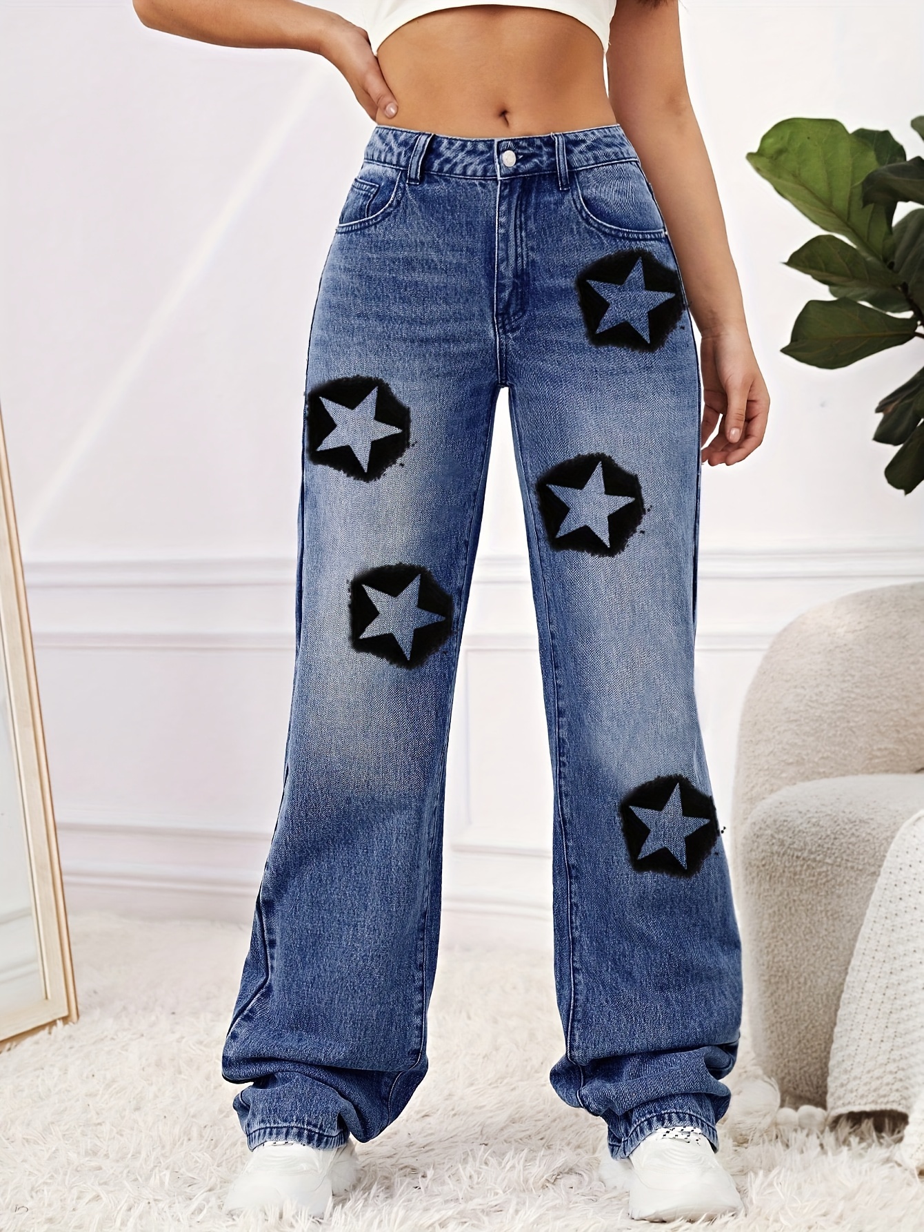 Star Print Washed Straight Jeans Loose Fit Slant Pockets - Temu