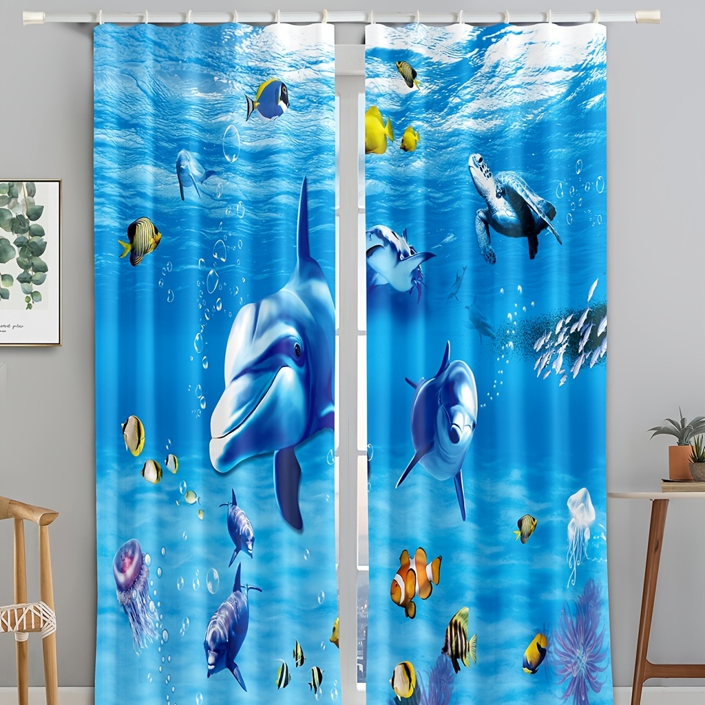 2 Panels Dolphin Blue Ocean Curtains