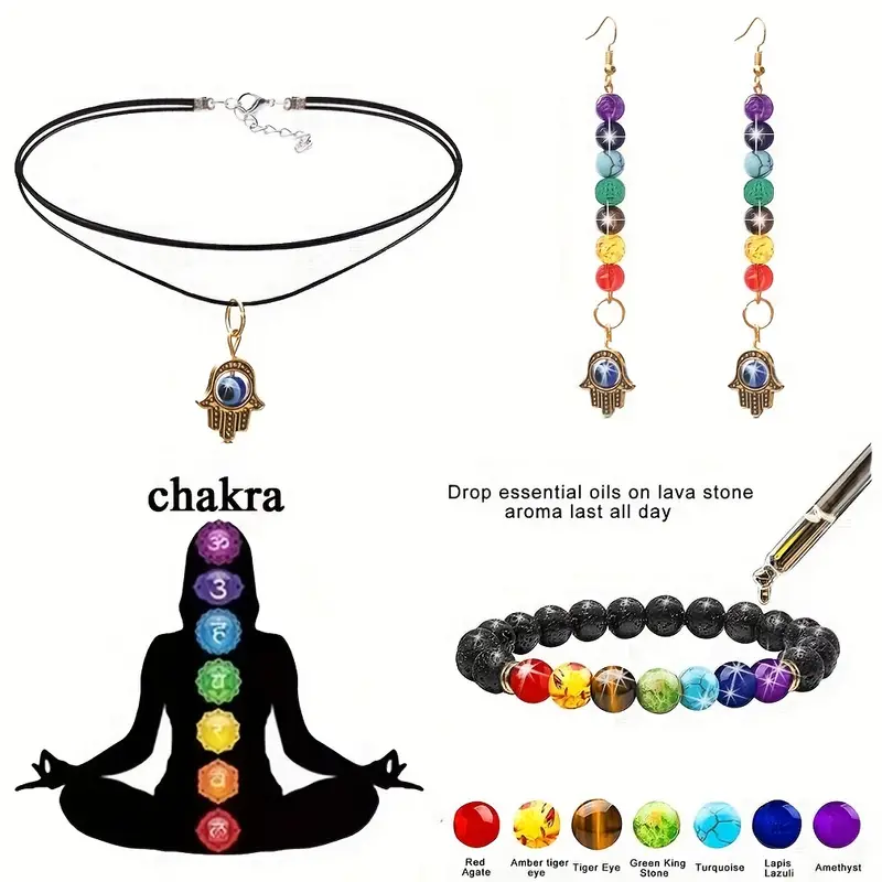 7 Chakra Stone Reiki Healing Bracelet Set, Evil's Eye Collier & Boucle  D'oreille Reiki Power Stones Ensemble De Bijoux Yoga Méditation Accessoires