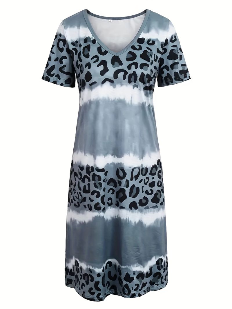 Plus Size Casual Dress, Women's Plus Tie Dye Leopard Short Sleeve V Neck Slight Stretch Dress details 11