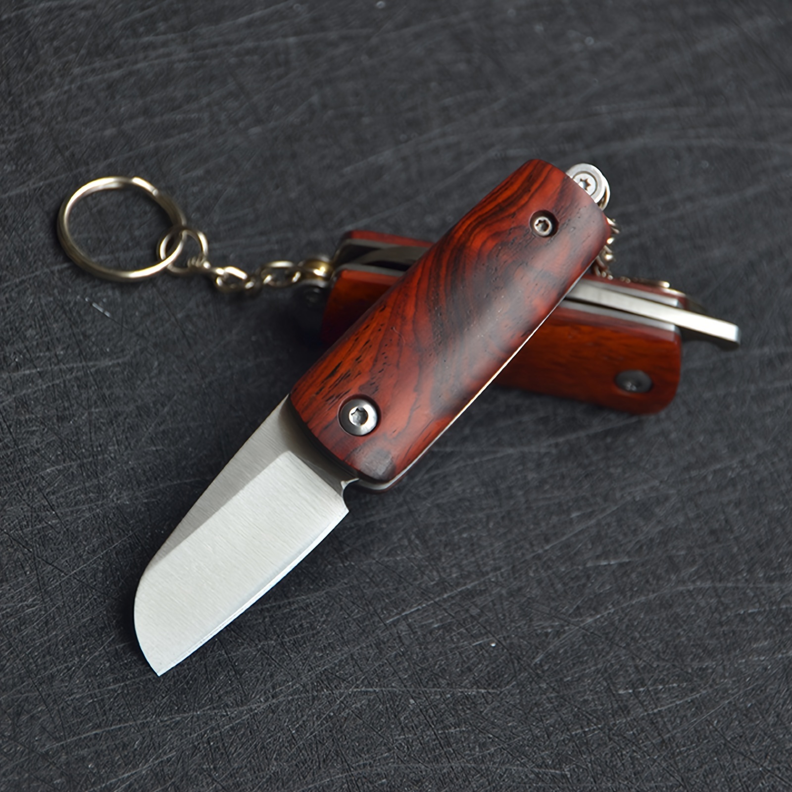 1pc Wood Grain Stainless Steel Folding Knife For Outdoor Camping,  Multifunctional Mini Pocket Knife With Keychain, Vegetable And Fruit  Cutting Knife, Kitchen Stuff