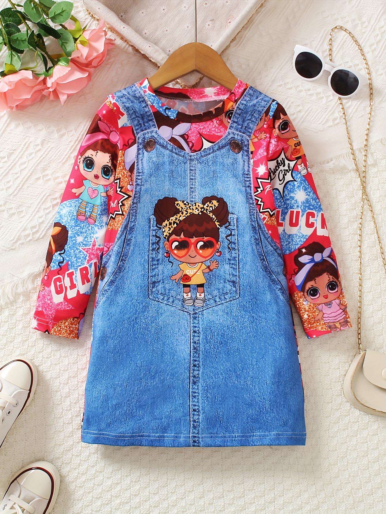 Girls Elegant Cute Stitching Denim Mesh Dress With Little Bear