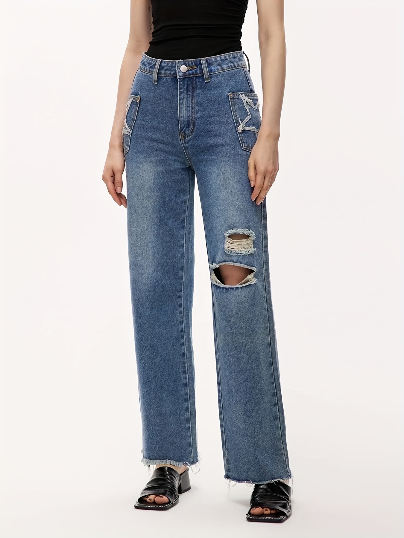 ANDRE Summer Tops Fashion Rhinestone Chains Ripped Holes Denim Pencil  Trousers for Women Stretchy Mid Rise Straight Wide Leg Jeans Pants(Dark  Blue,Small) at Amazon Women's Jeans store