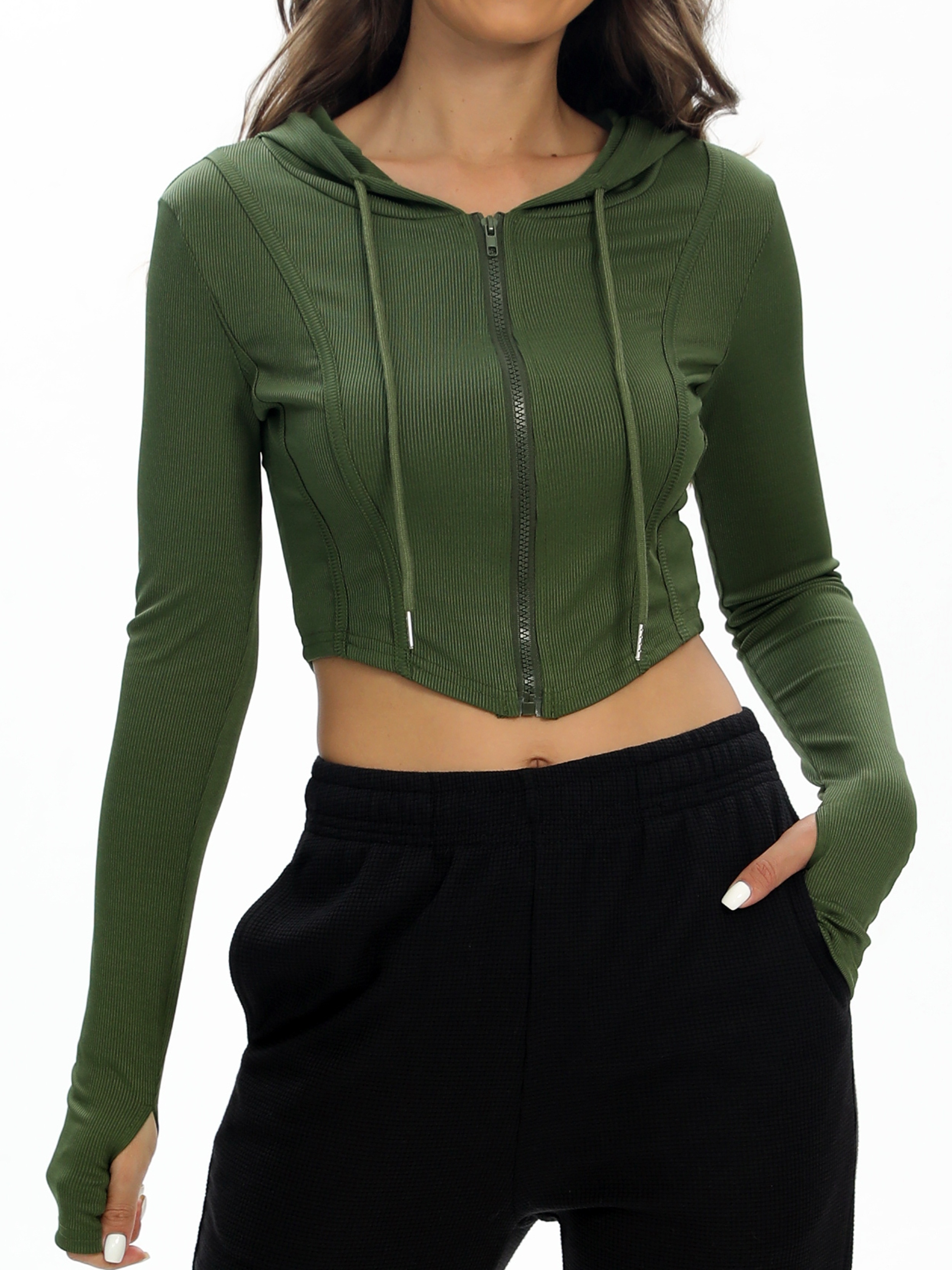 Women's Long Sleeve Zip Up Gym Top - Olive Green