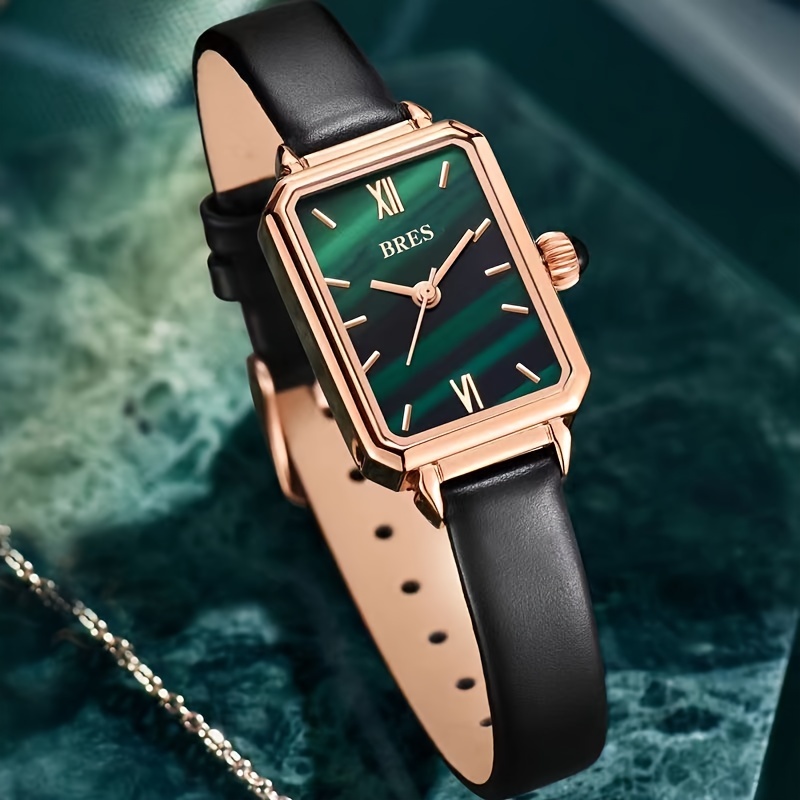 OLEVS Fashion Retro Square Watches for Women Green Stone Square Watch  Ladies Gold Analog Quartz Watches