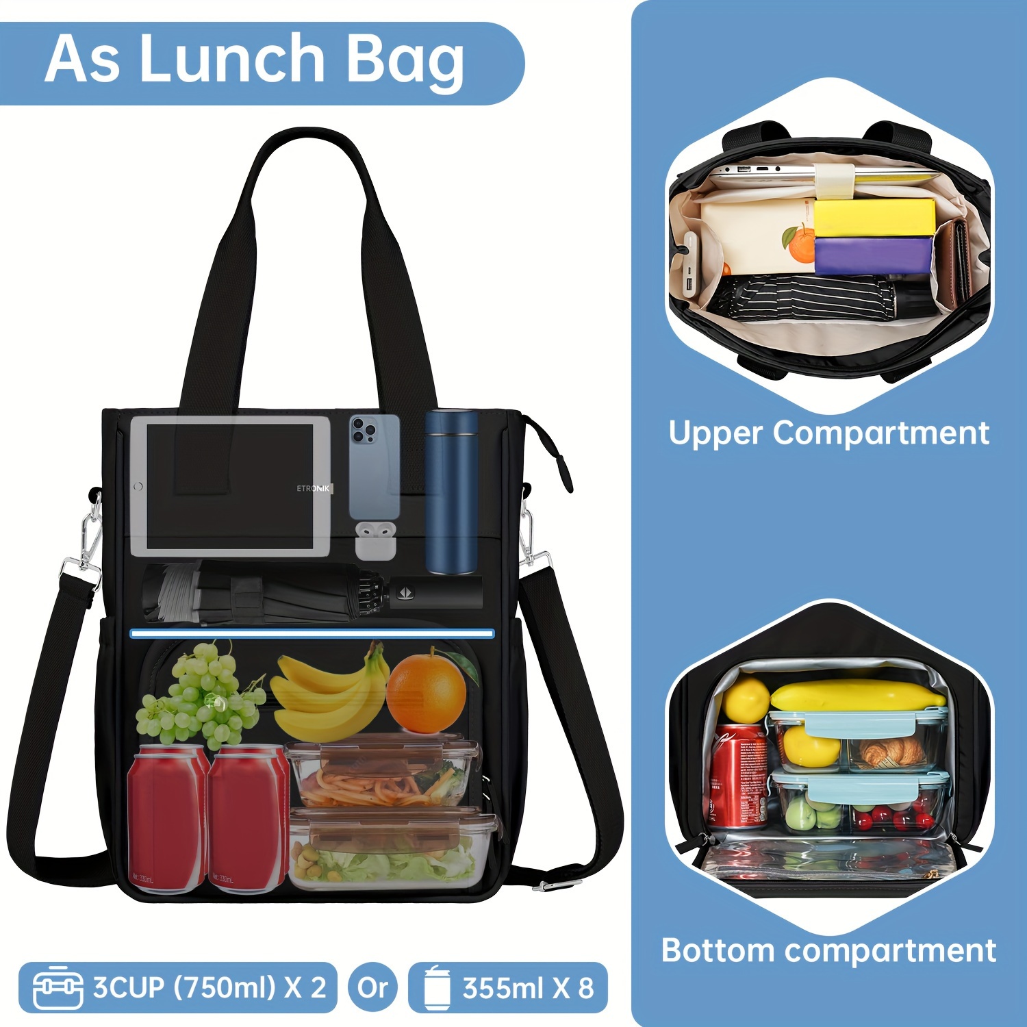 Lunch Bag Women Insulated Lunch Box for Women Teacher Nurse Tote Bag for  Work Picnic or Travel Removable Shoulder Strap Side Pocket