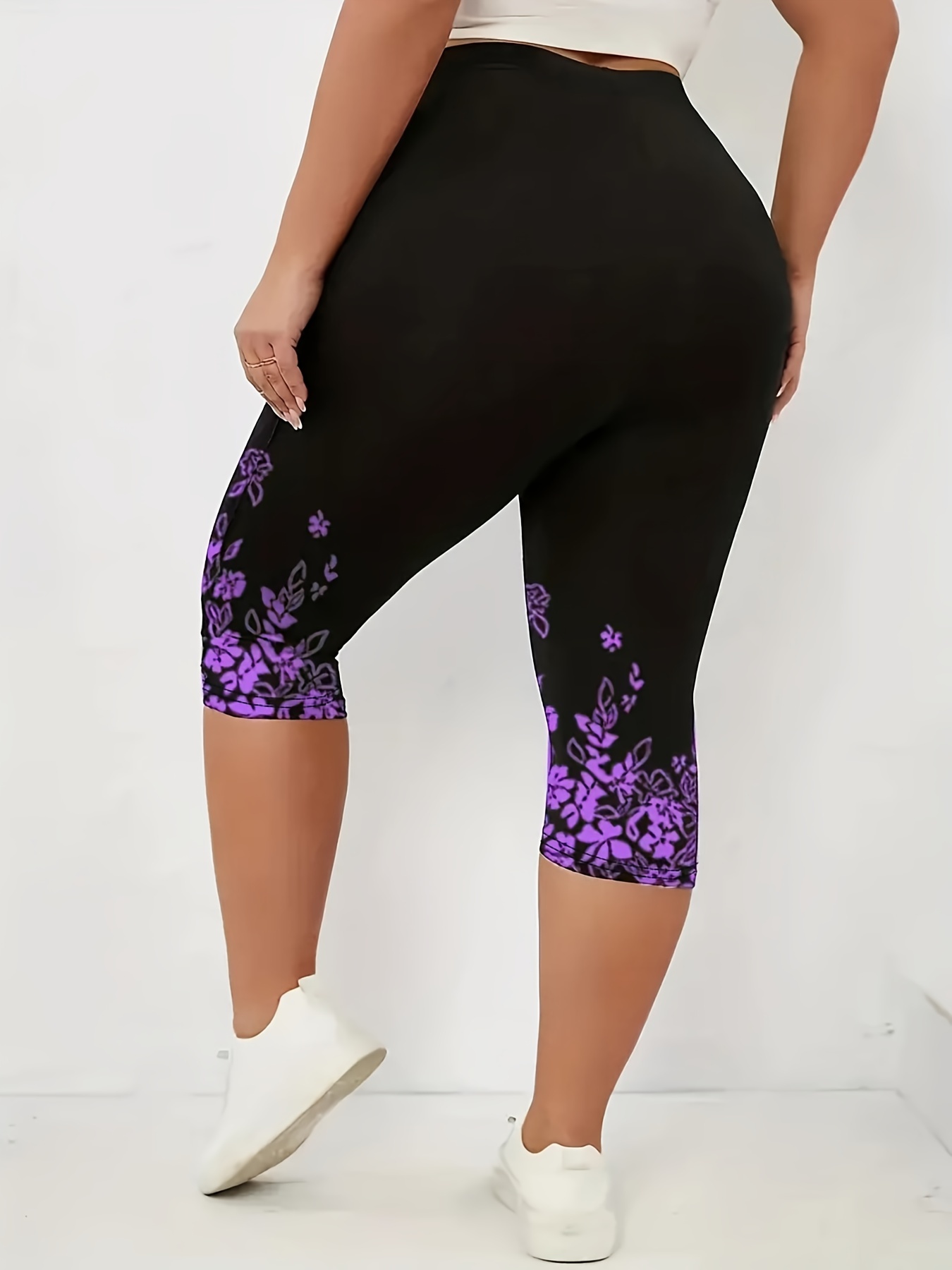 Floral Plus Size Leggings for Women Turquoise Palm Leaves High