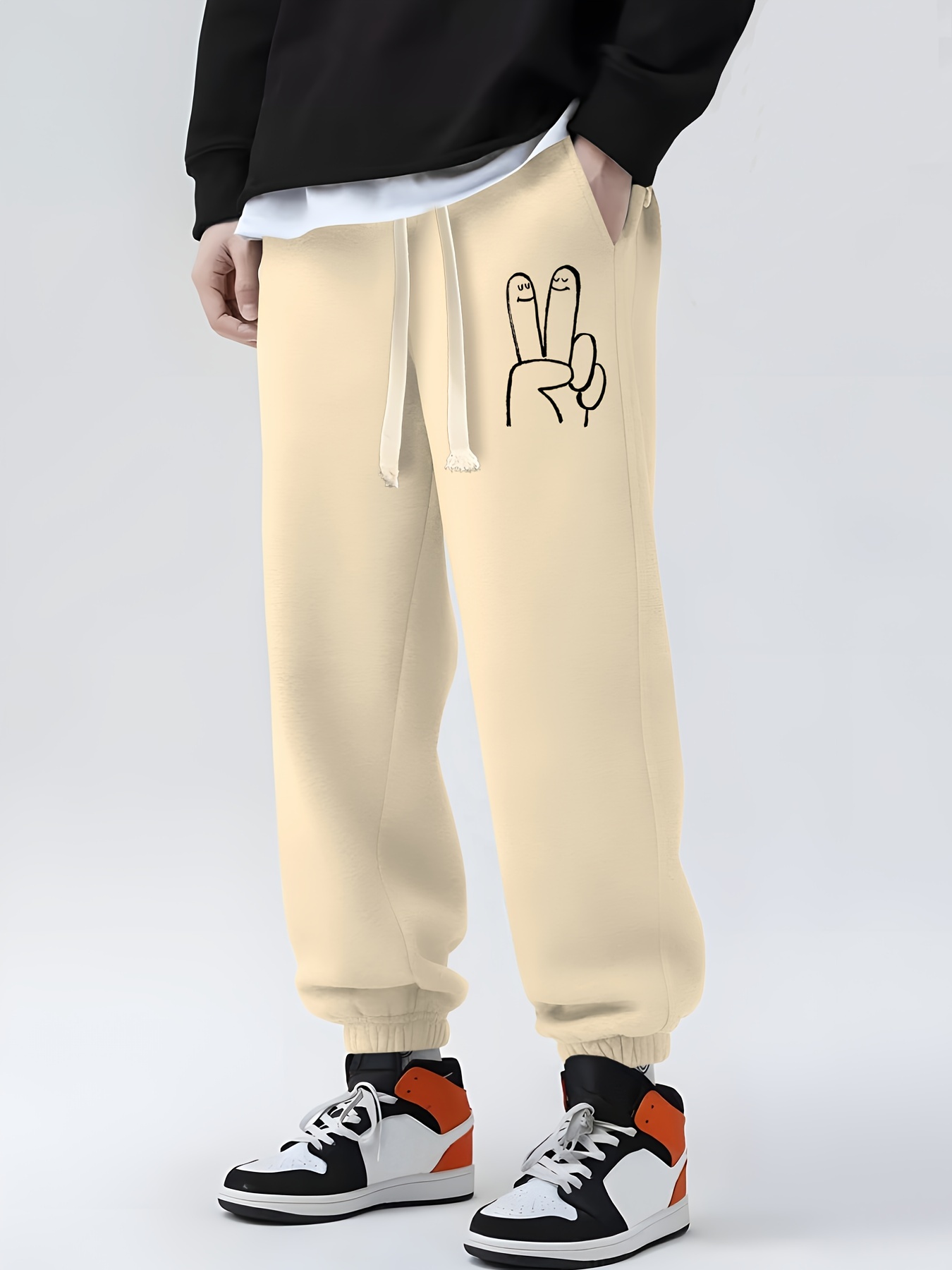 V sign Print Men's Sweatpants Casual Drawstring Jogger
