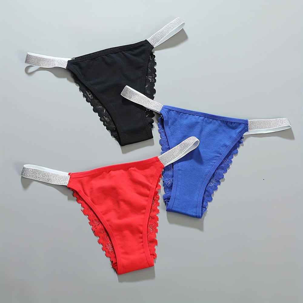 6pcs Contrast Lace Thongs, Soft & Comfy Stretchy Intimates Panties, Women's  Lingerie & Underwear