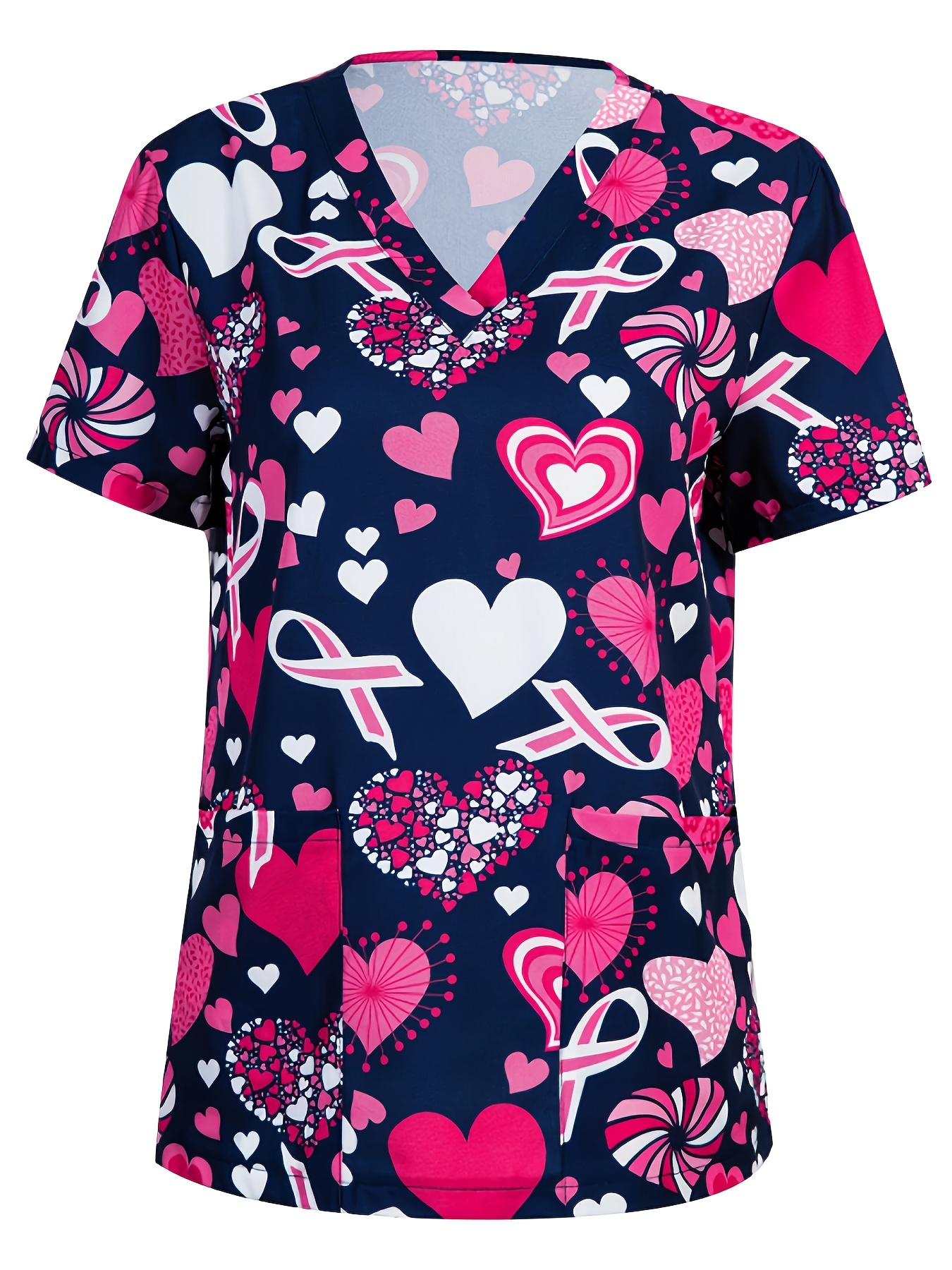 Heart Print Scrubs Top V Neck Functional Patched Pockets - Temu