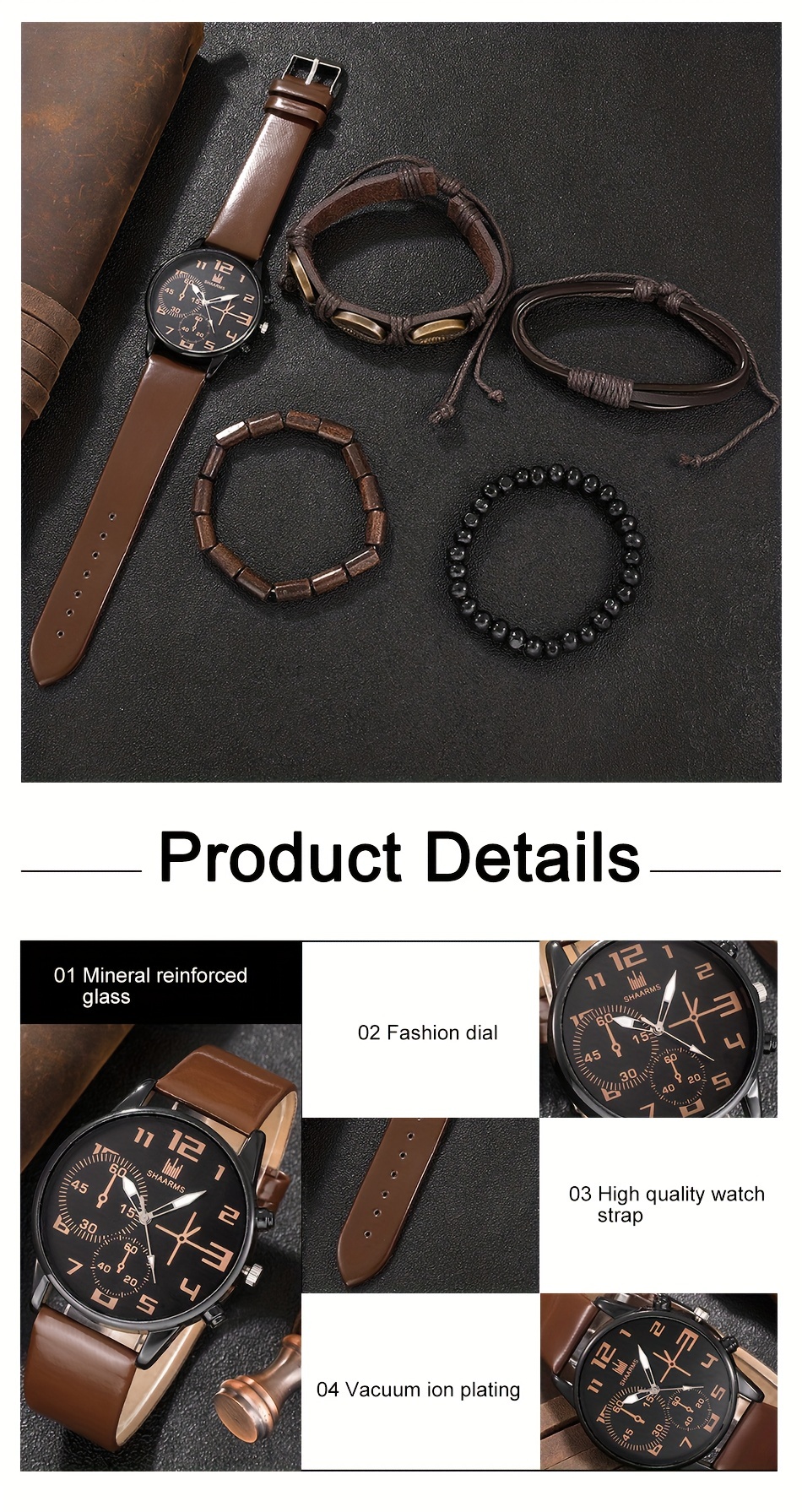 5pcs mens fashion quartz watch bracelet set   zinc alloy case   leather strap details 3