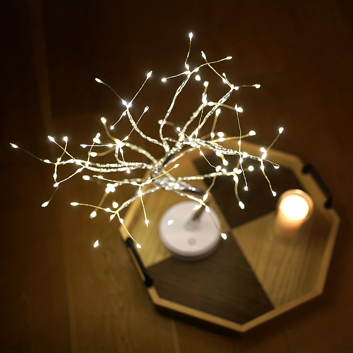 USB LED Lamp Copper Wire Bonsai Tree on White Selenite Sphere