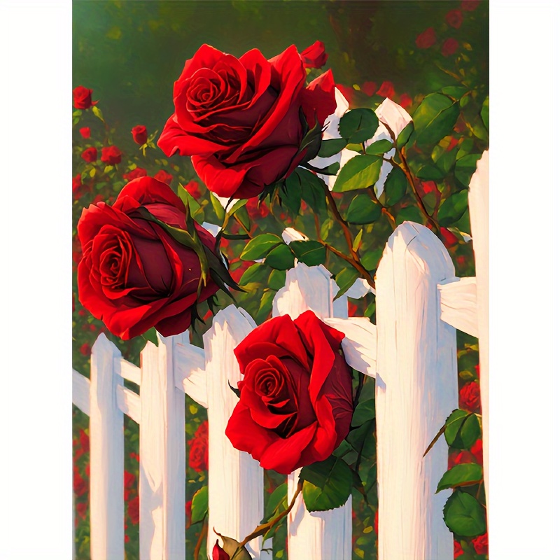

1pc Diy Paint By Numbers Kit For Adults Beginner, Red Roses On The Fence Handicrafts Easy To Paint On Canvas For Diy Gift 40x50cm/16x20inch Without Frame