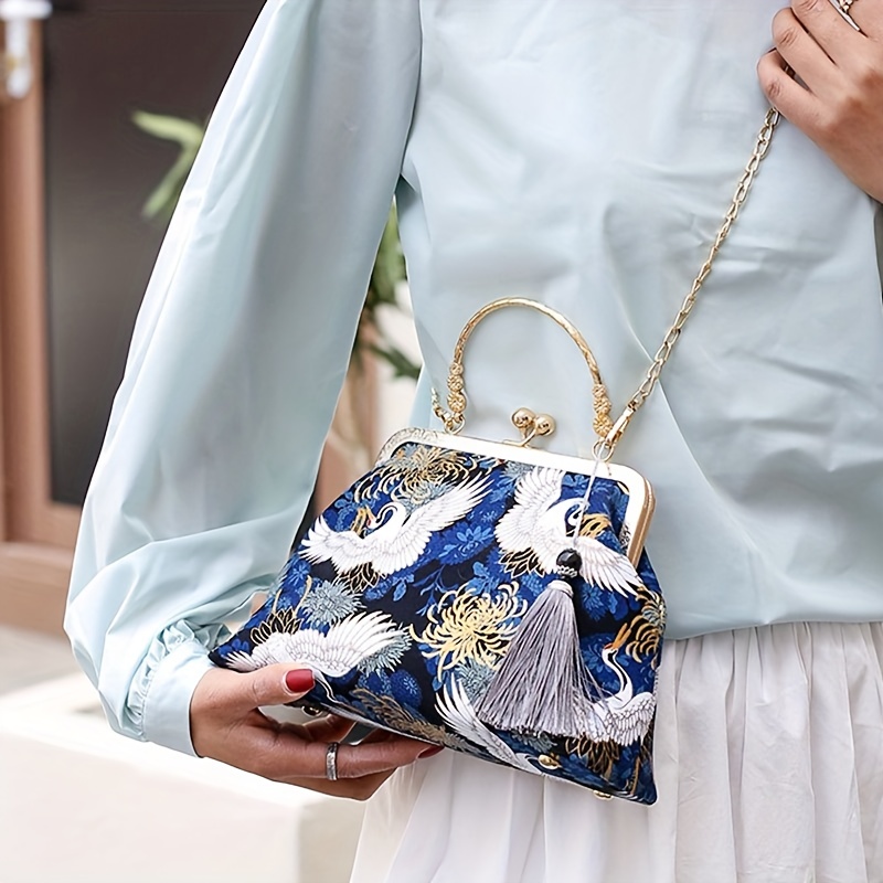 Vintage Chinese Crane Pattern Clutch Purse Handbag