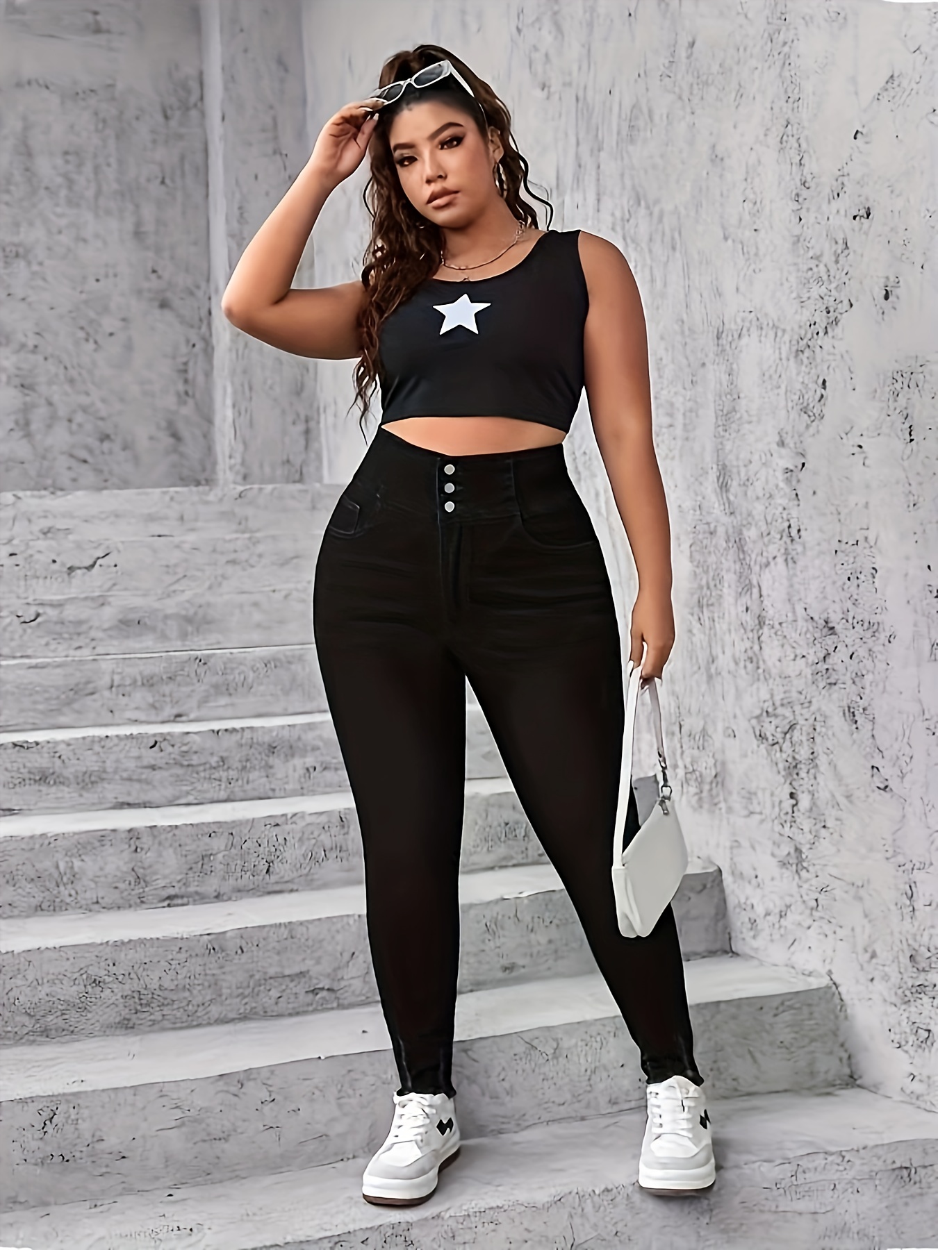 Women's Plus Size Solid Ripped High Rise Skinny Jeans