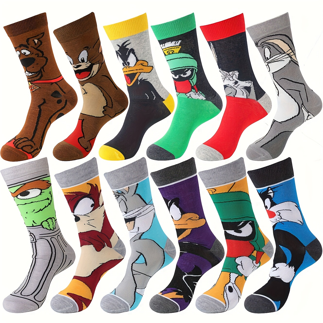Colorful 90s Cartoon Character Socks for Men & Women - 6 Pairs Funky  Novelty Crew Dress Socks