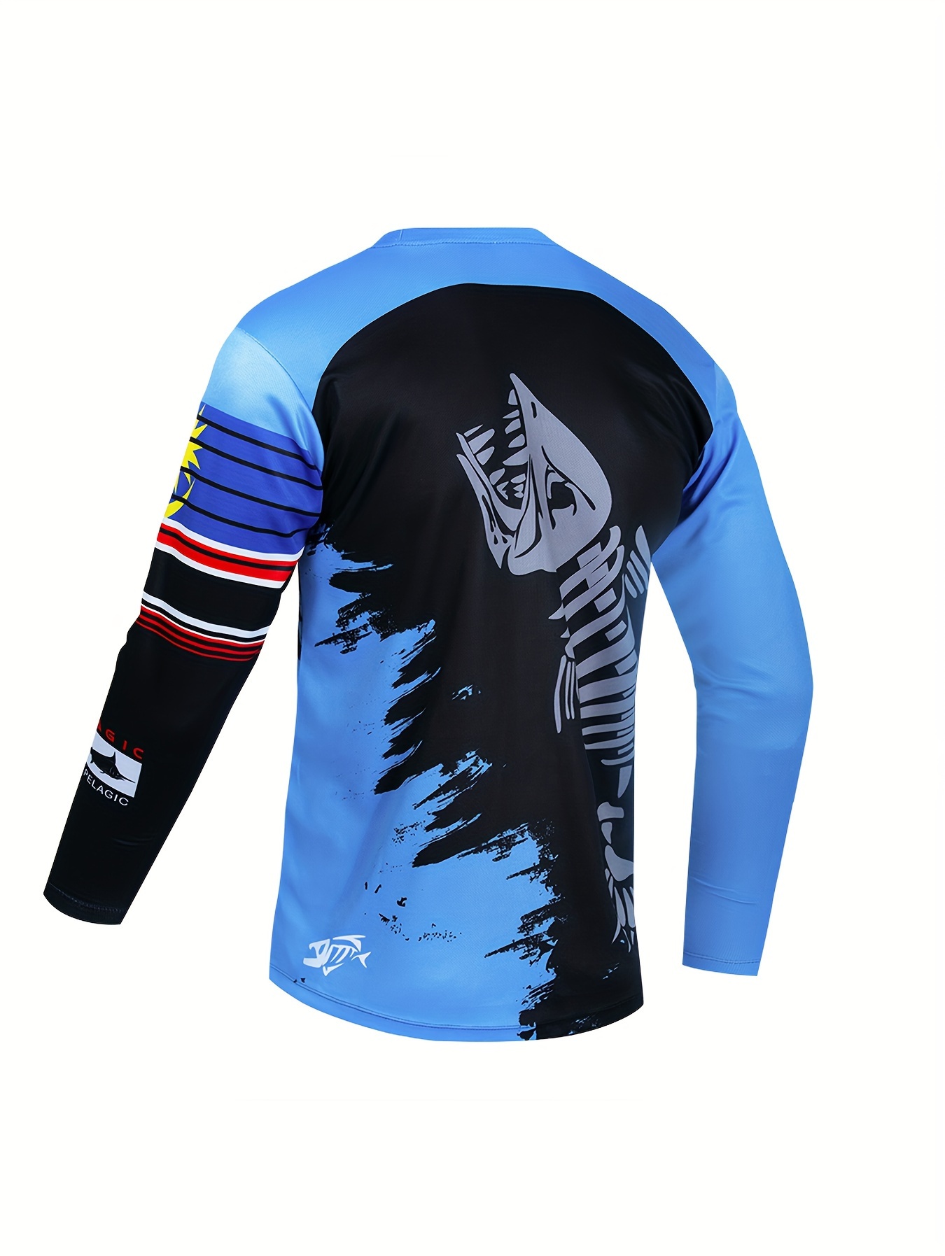 Men's Color Matching Shark Skull Graphic Print Cycling Jersey, Bike Jersey, Active Breathable Moisture Wicking Long Sleeve Crew Neck Shirt for