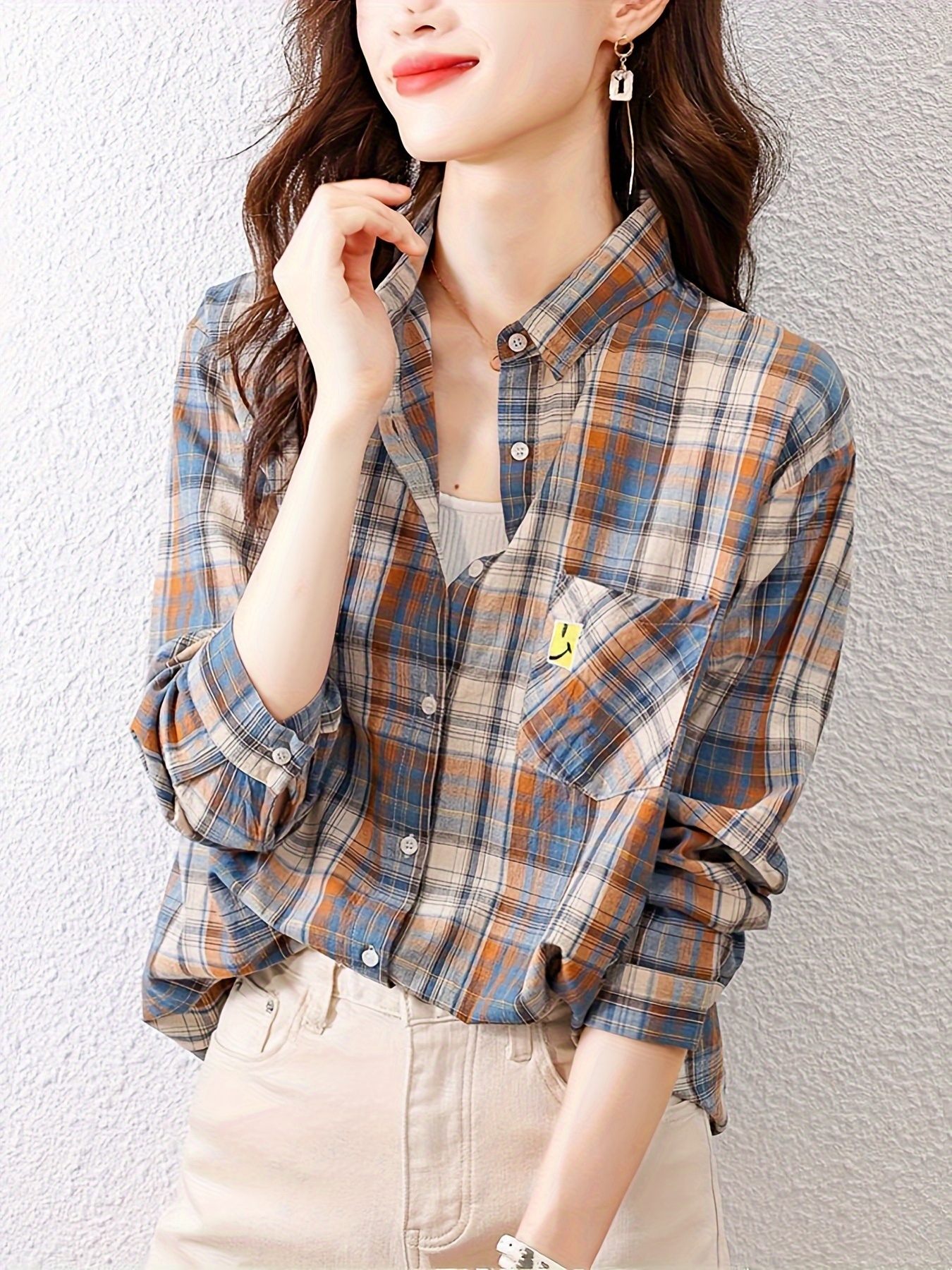 Plaid Print Flap Pockets Shirt, Casual Long Sleeve Thermal Shirt For Spring  & Fall, Women's Clothing