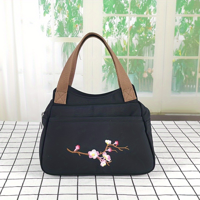 Stylish Floral Embroidered Handbag Trendy Zipper Canvas Bag - Temu