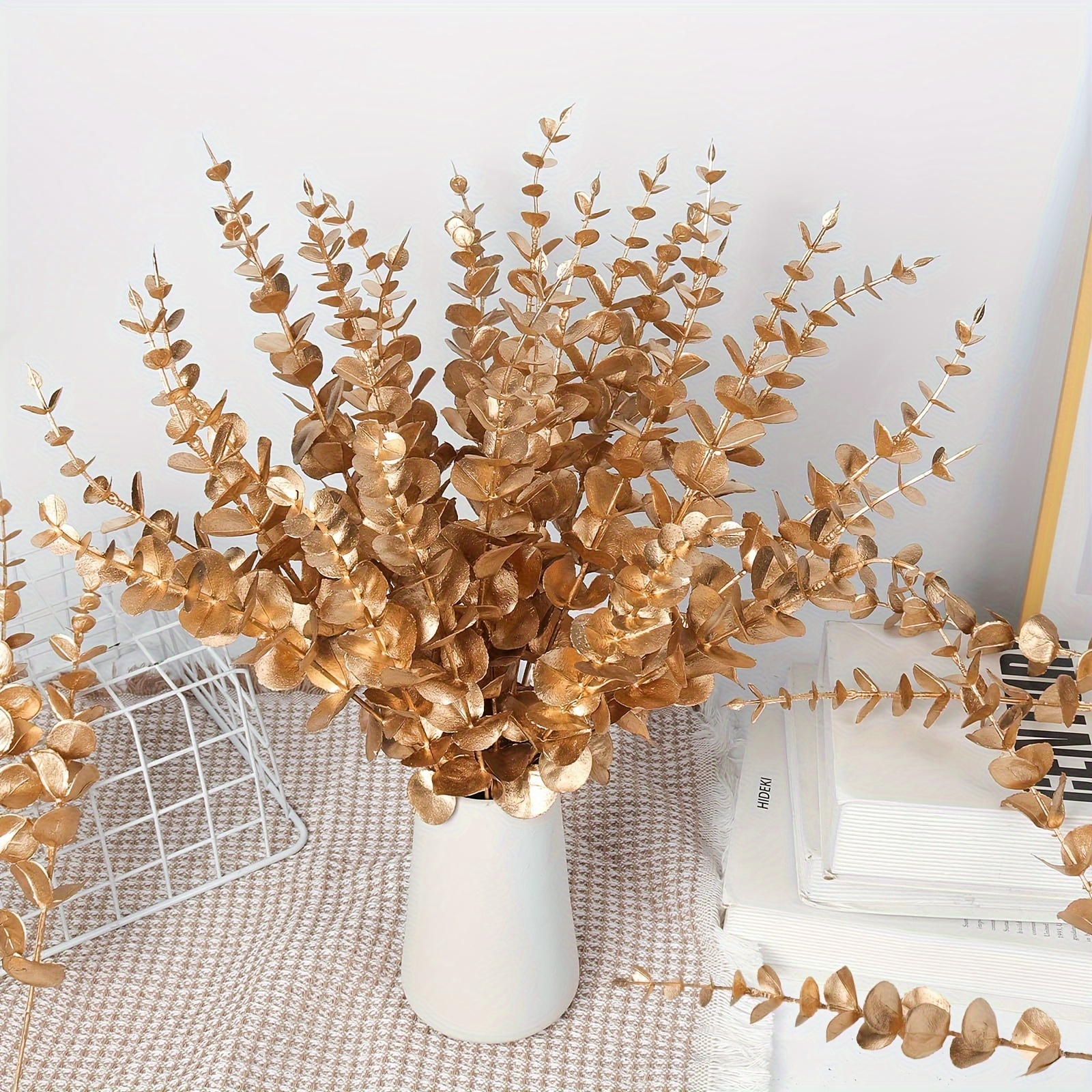 Fake Golden Leaves Plant for Christmas Decorations, Artificial Gold Plants  Foliage Stems Plastic Simulation Faux Leaf Stem for Home Garden Wedding