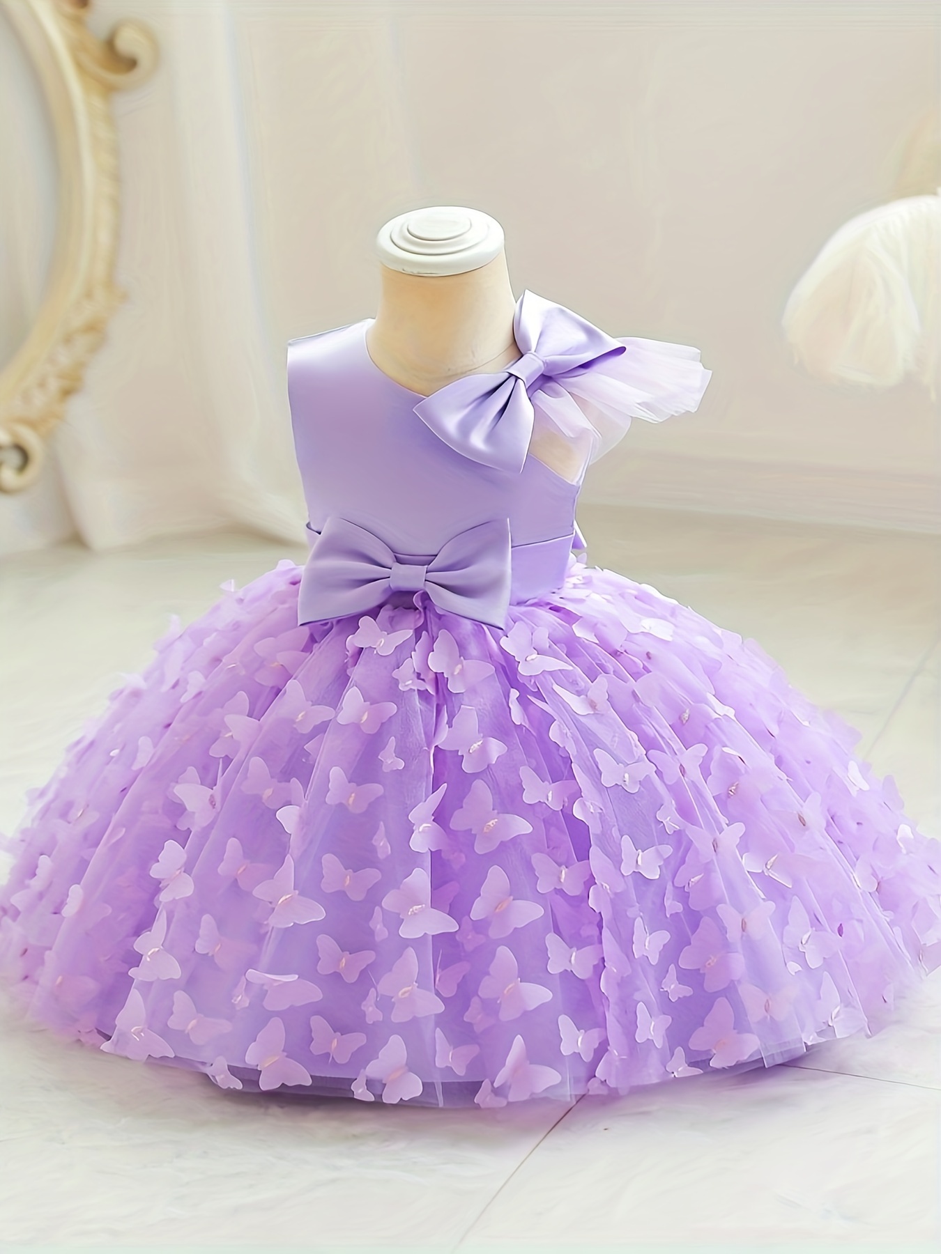 toddler girls cute princess dress with bow belt butterfly design mesh dress flutter mesh sleeve tutu dress for party birthday