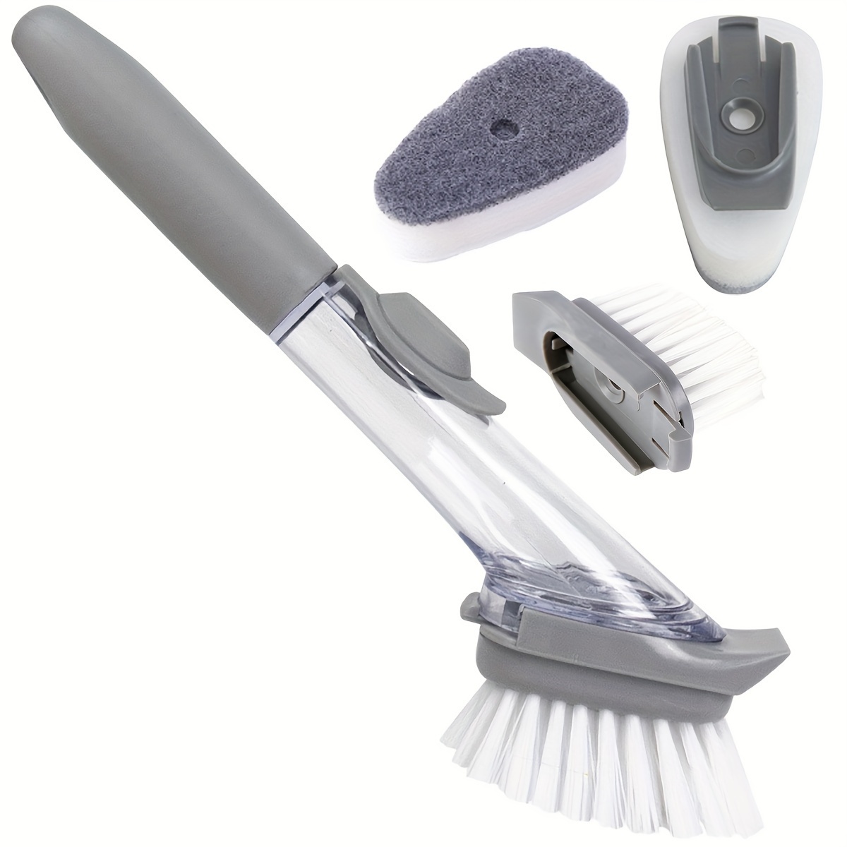 Soap Dispensing Dish Brush with Handle, Scrub Brush with 4 Sponge