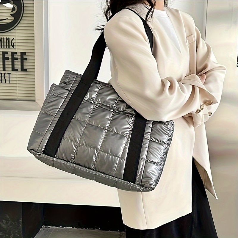 Stylish Puffer Quilted Tote Bag Multi Pockets Shoulder Bag Soft Padded Handbag For Women