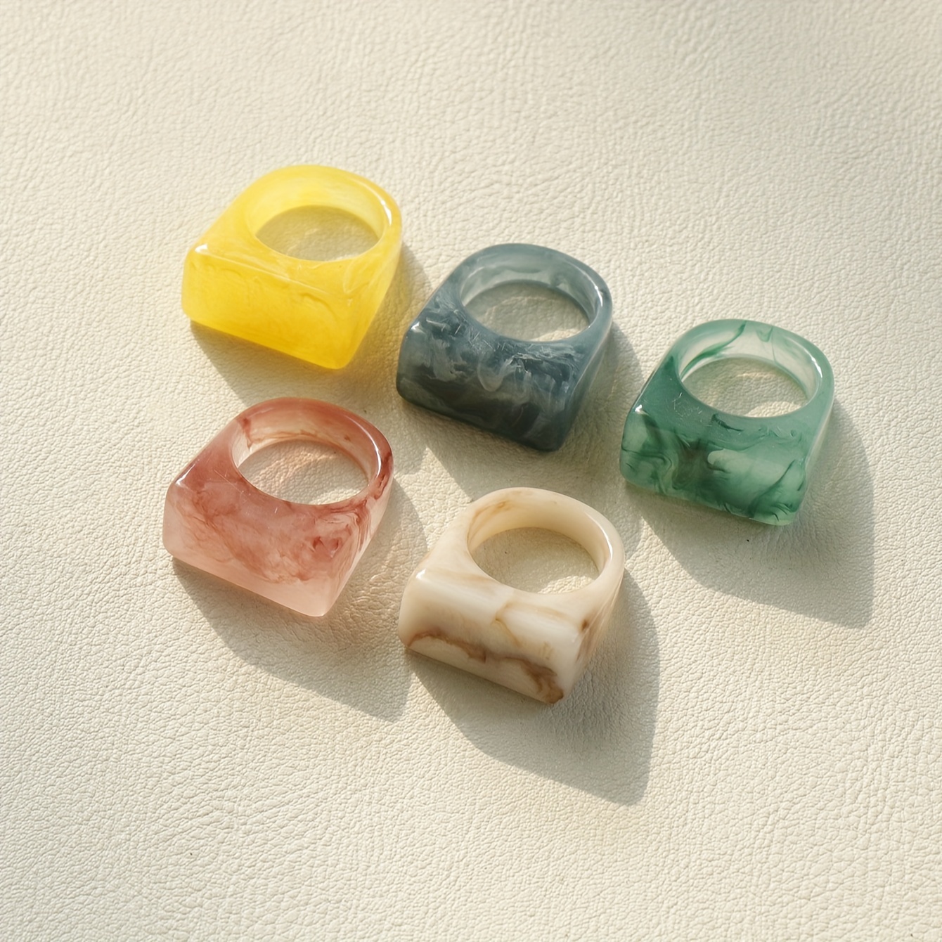 5pc Trapezoidal Multicolor Cute Girly Resin Ring Set