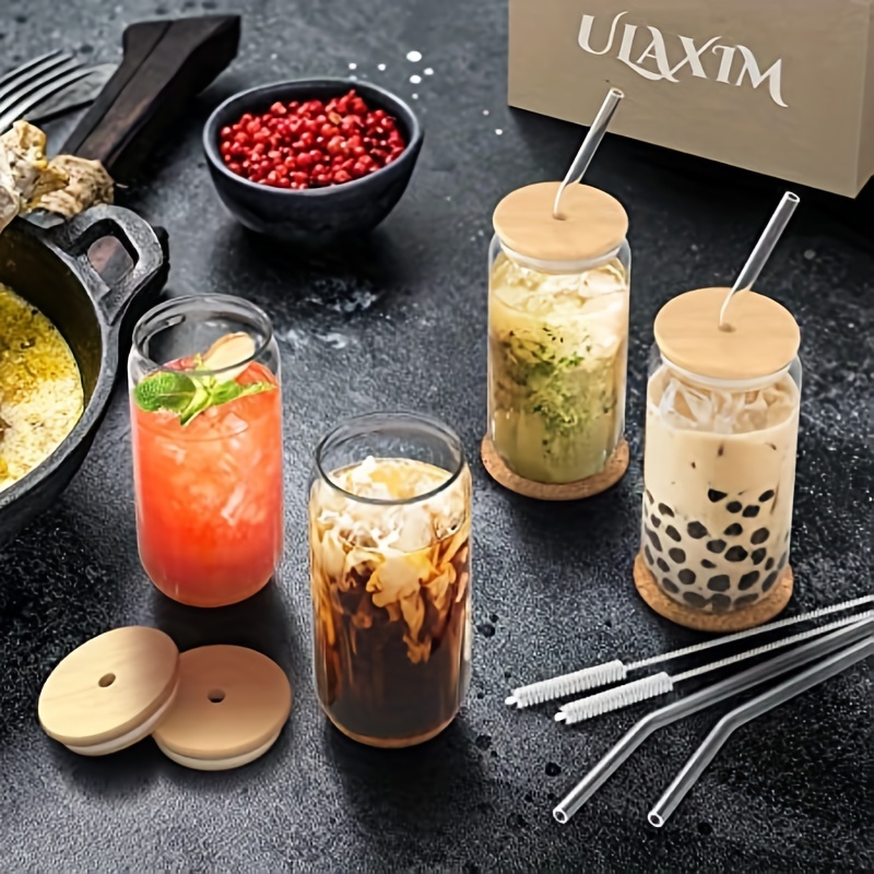 2pcs Glass Cups, Each With 2 Bamboo Lids And 2 Straws, Comes With 1 Straw  Brush And 1 Sponge Brush, Reusable, Suitable For Bubble Tea, Smoothies,  Water, Milkshakes, Soda, Juice, Jelly, Honey