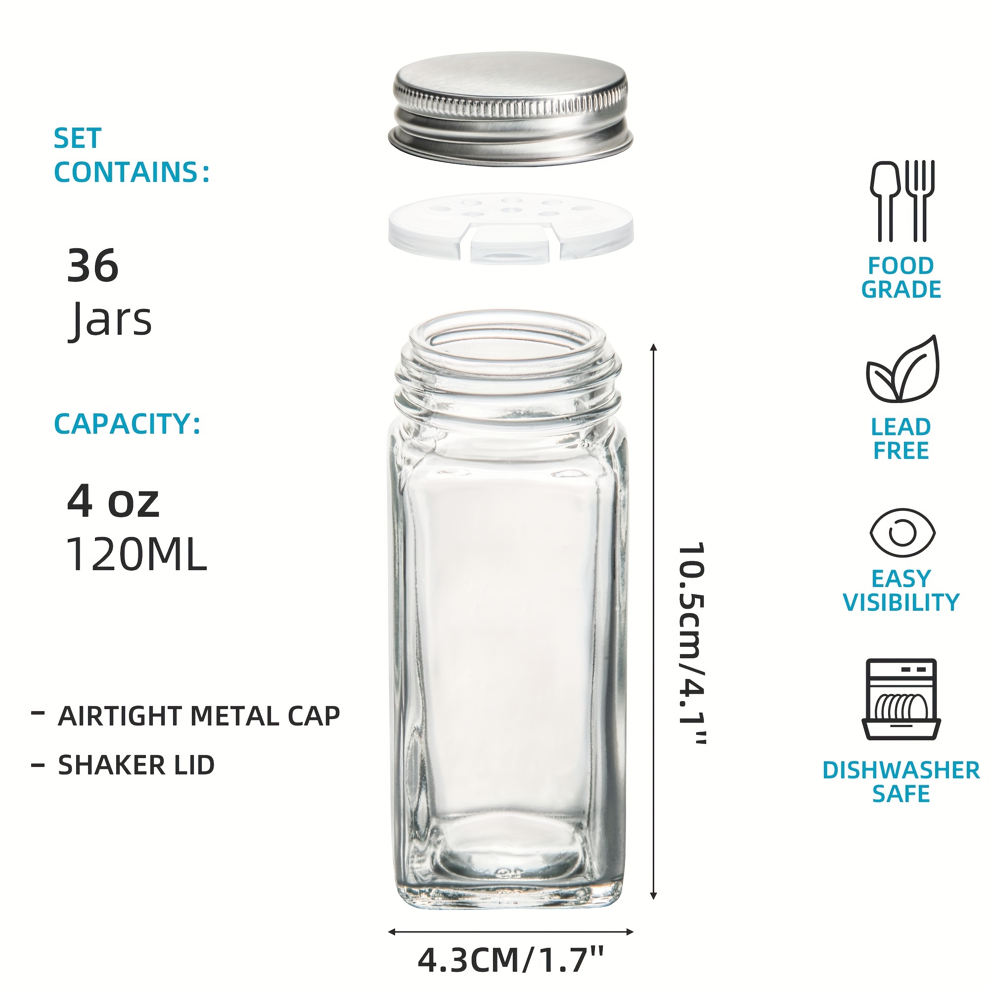 AOZITA 24 tarros de vidrio para especias con etiquetas, recipientes  cuadrados vacíos de 4 onzas, recipiente de condimentos, tapas agitadoras y  tapas