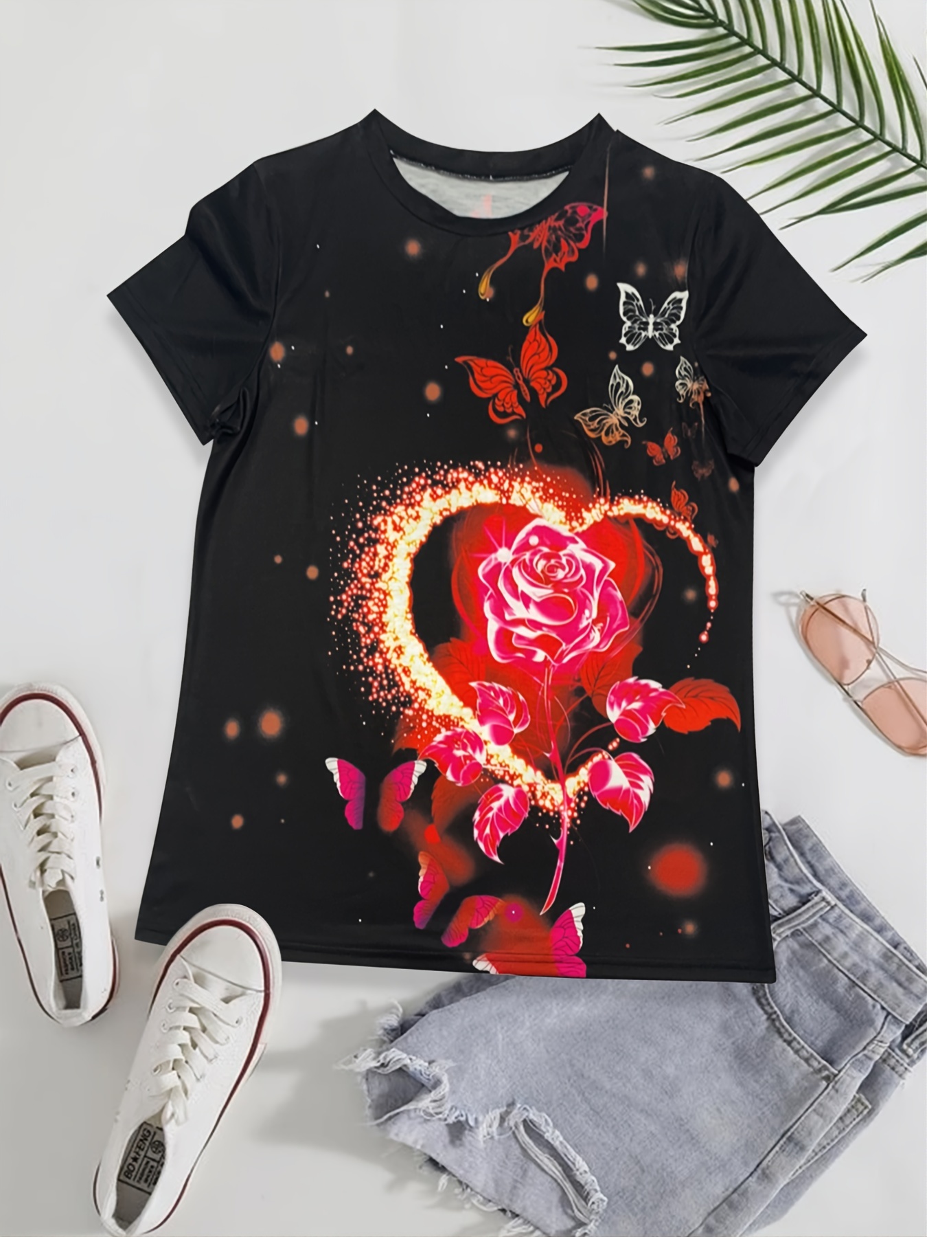 Camisetas para mujer, con estampado gráfico floral de mariposas, cuello  redondo, manga corta, camisetas de verano (color 1-naranja, talla: L)