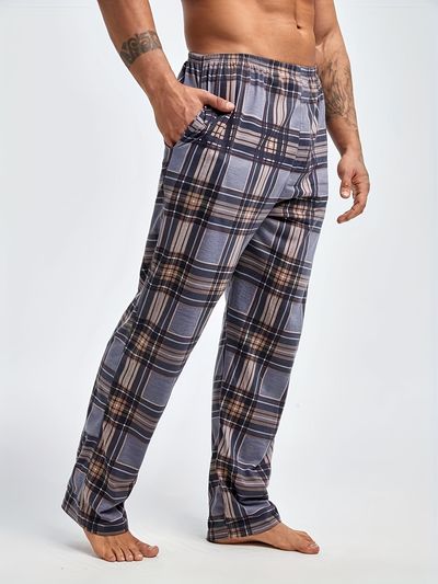 mens casual plaid pattern multi color loungewear sleepwear trousers with side pockets comfy long pajama pants