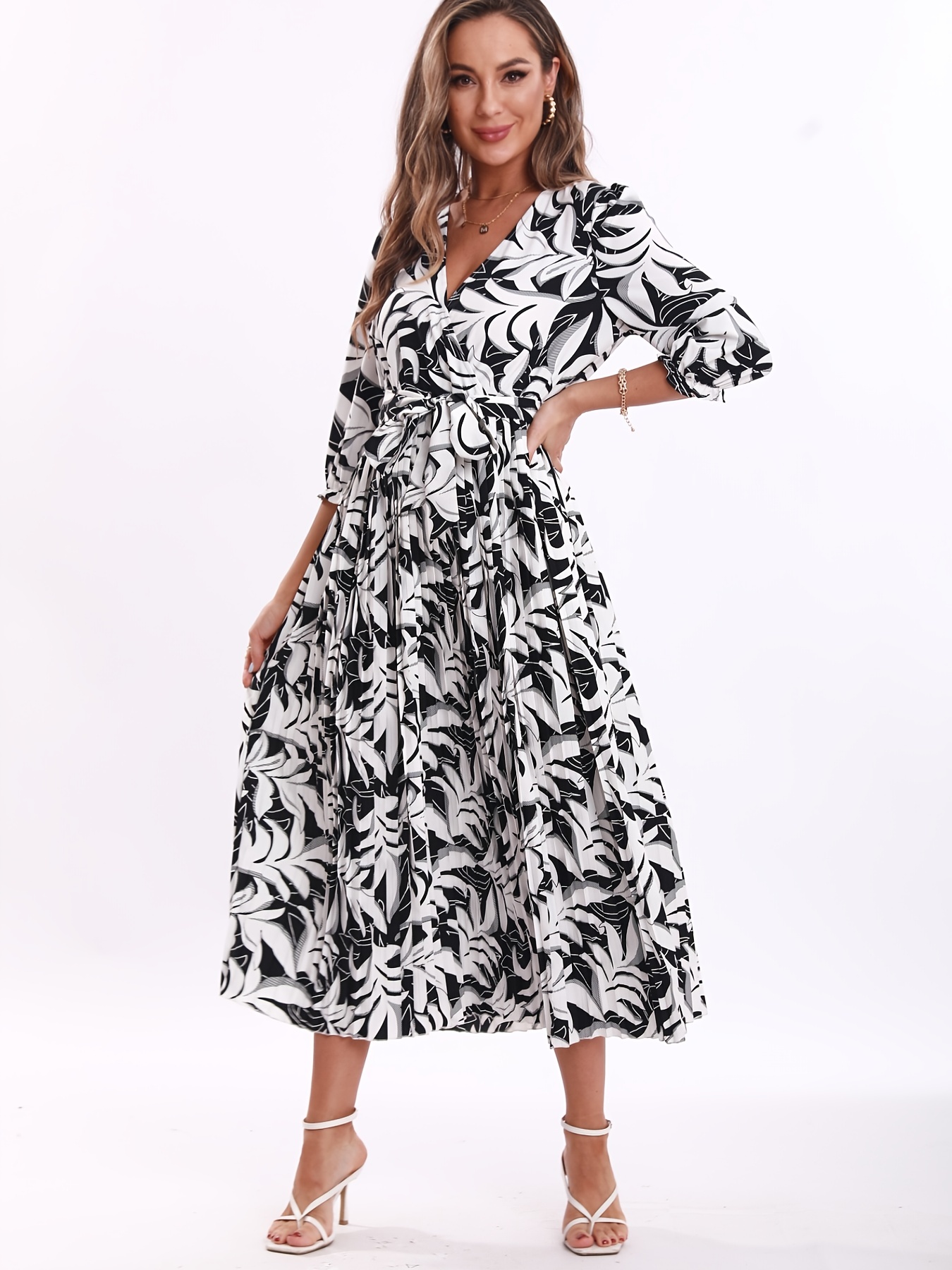 elegant floral print dress v neck 3 4 sleeve dress casual every day dress womens clothing