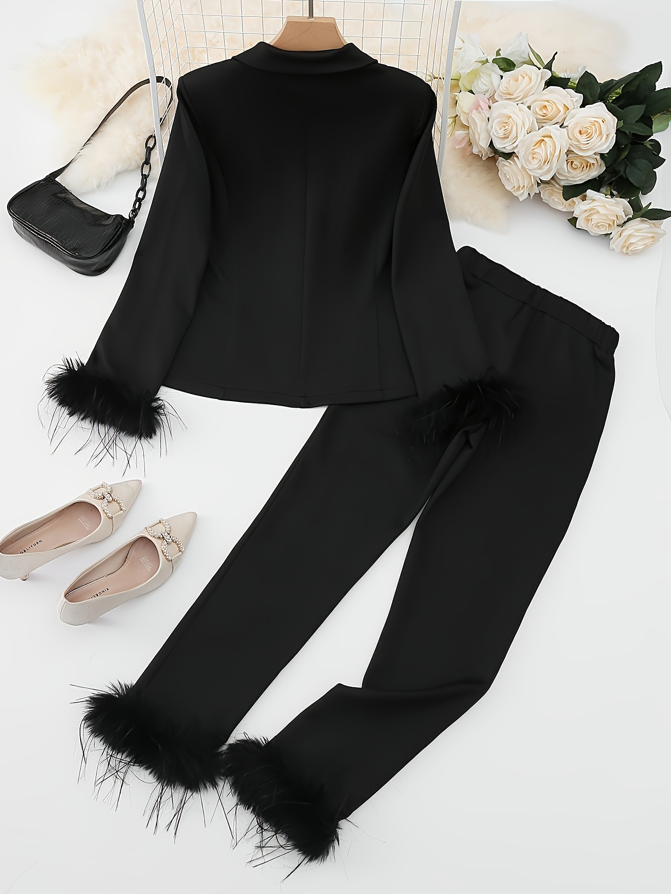 Plus Size Casual Suit Set, Women's Plus Solid Long Sleeve Lapel Collar Crop  Blazer & Wide Leg Pants Suit 2 Piece Set