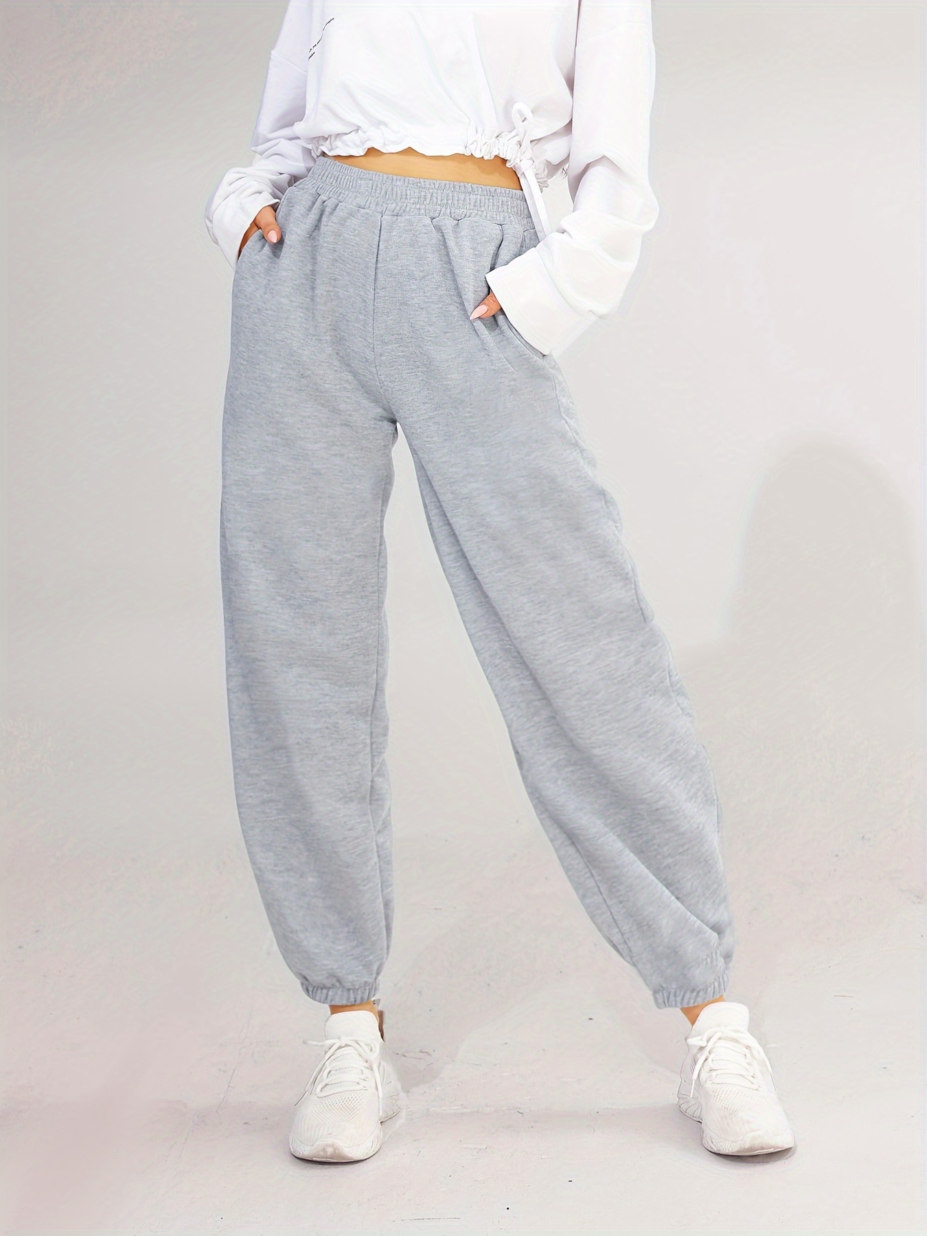 Womens Casual Pants Elastic Waist Solid Sweatpants Grey S
