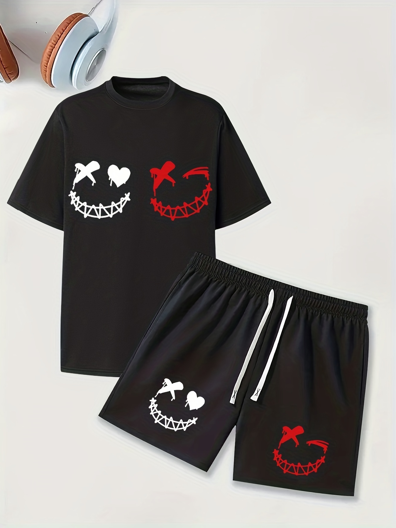 Men's Cartoon Picture Graphic T-shirt Shorts Set For Summer