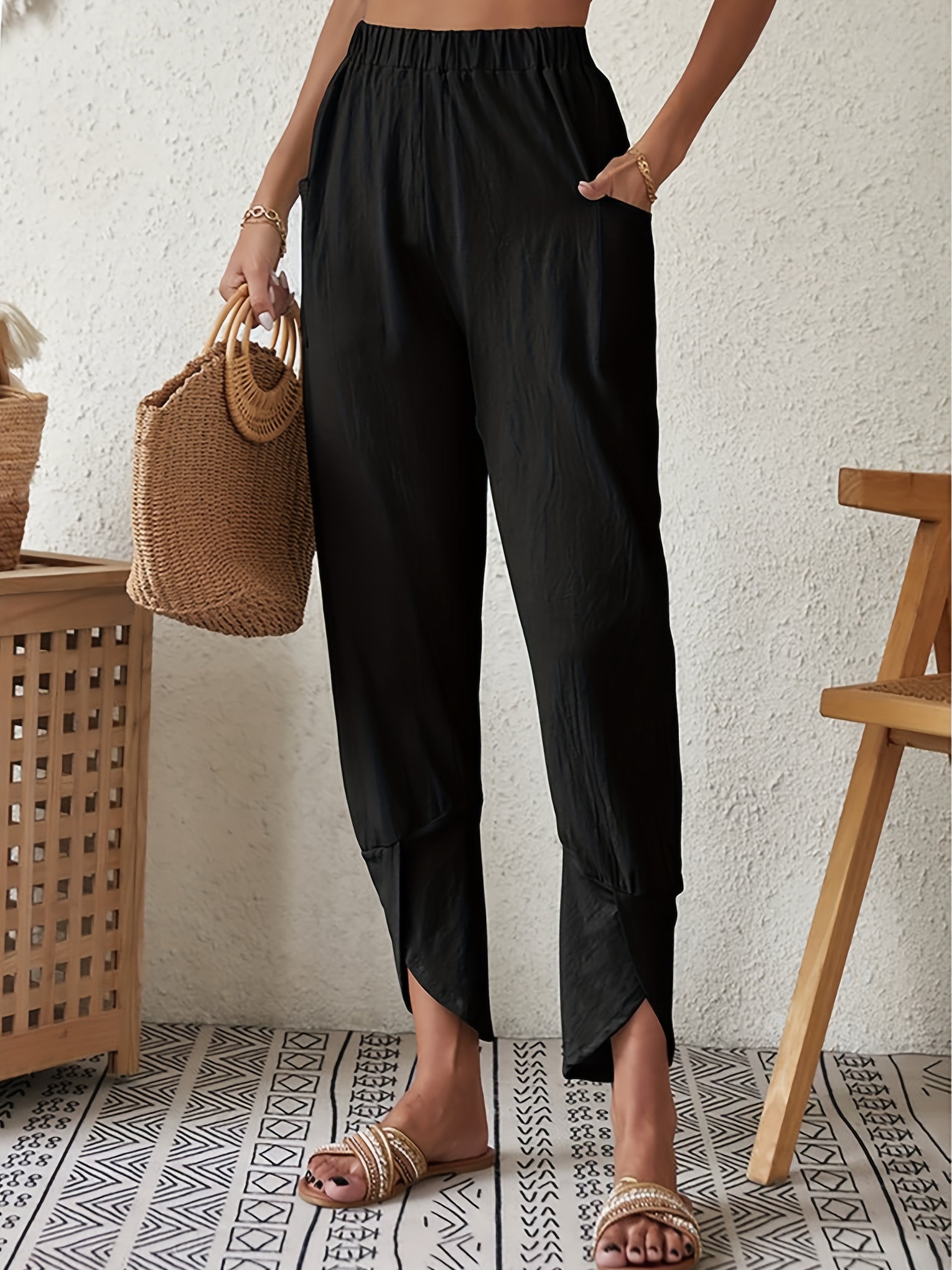 Solid Pocket Tapered Pants Casual Pleated High Waist Pants - Temu Canada