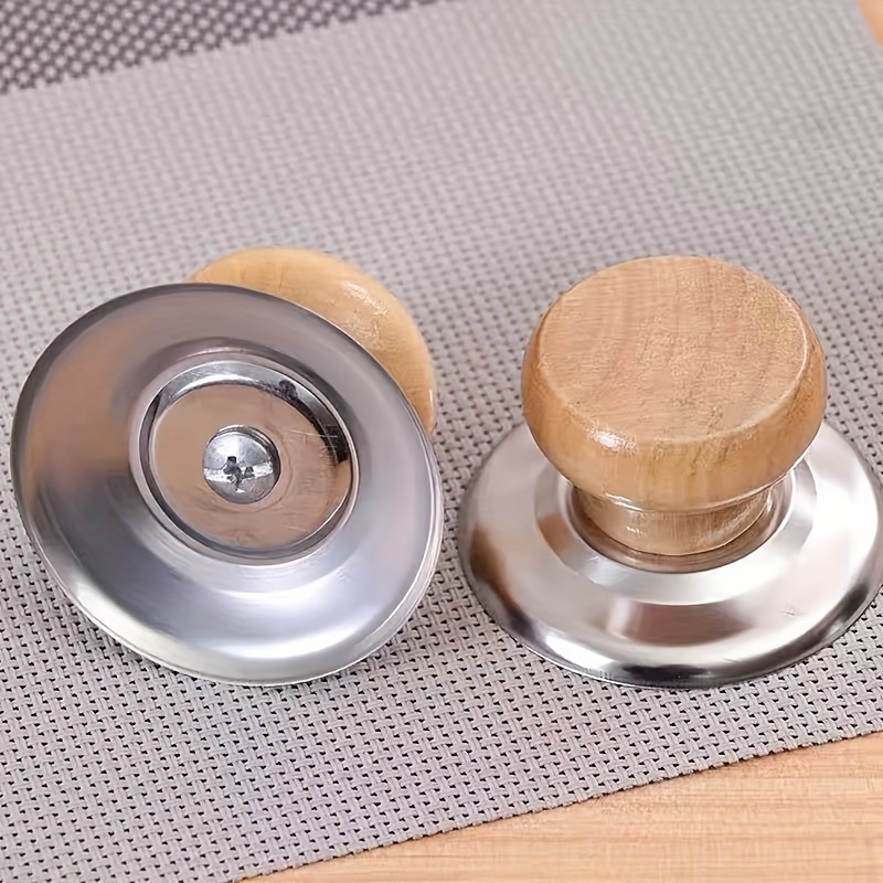 1pc Wood Pot Lid Knob,Stainless Steel Base Pot Pan Lid Handle Anti Scalding  Pot Lid Button Replacement, Cookware Accessories, Kitchen Accessories