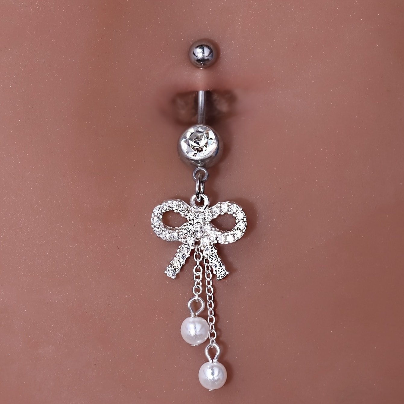 

Sparkling Bowknot Love Heart Shaped Faux Pearl Belly Button Ring, Stainless Steel Dangle Belly Button Ring Body Piercing Jewelry