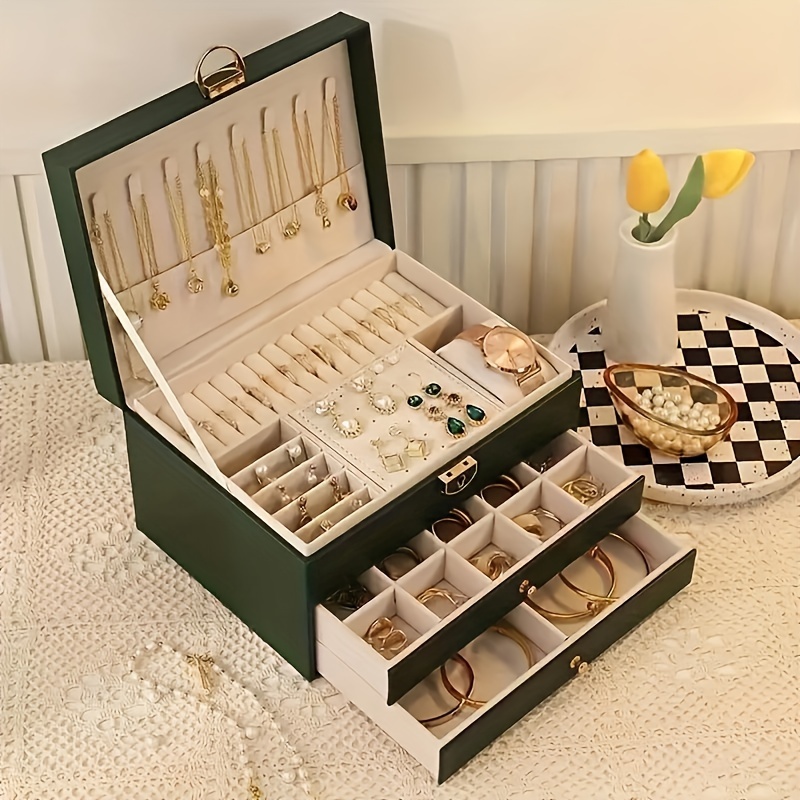 item picture large capacity multi layer jewelry organizer box with drawers classic rectangular design durable plastic fabric lined compartments for necklaces earrings bracelets rings desktop storage for home or boutique use jewelry box organizer fabriclined drawers jewelry boxes