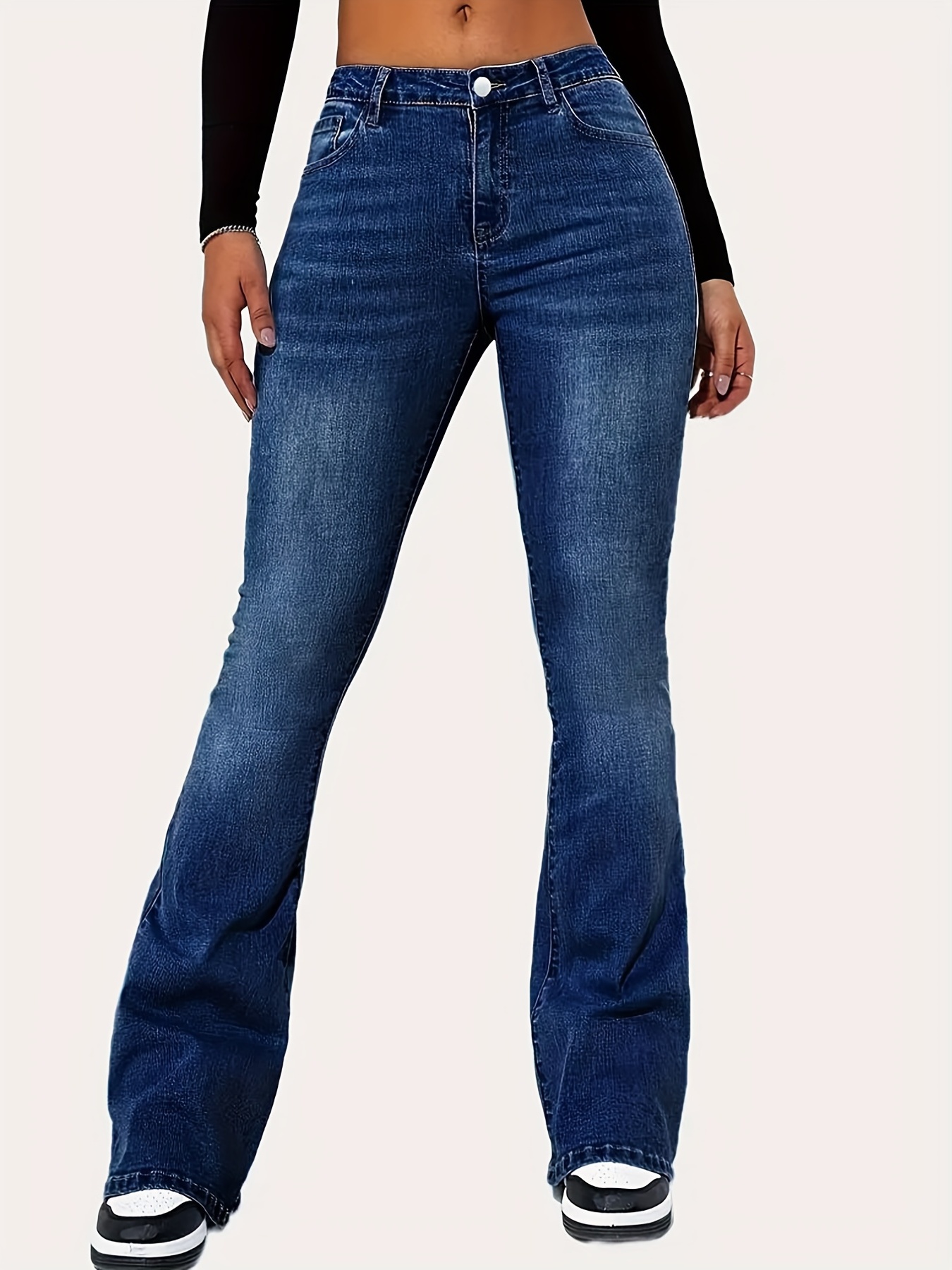 Dark Blue V Cut Flare Jeans, Layered Water Ripped Embossed Casual Bell  Bottom Jeans, Women's Denim Jeans & Clothing